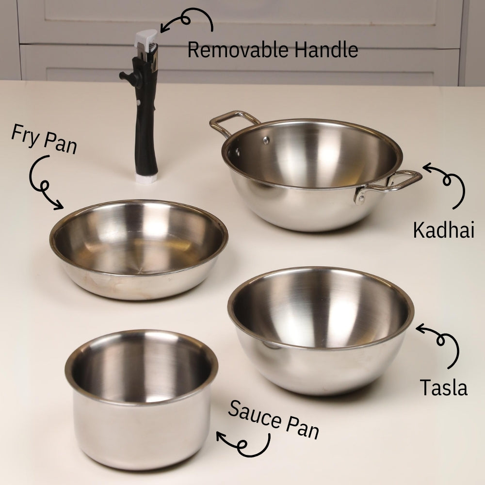 Softel Tri-Ply Cookware Combo with Removable Handle (Tasla + Fry Pan + Kadhai + Sauce Pan + Removable Handle) | Gas & Induction Compatible | Set of 5 