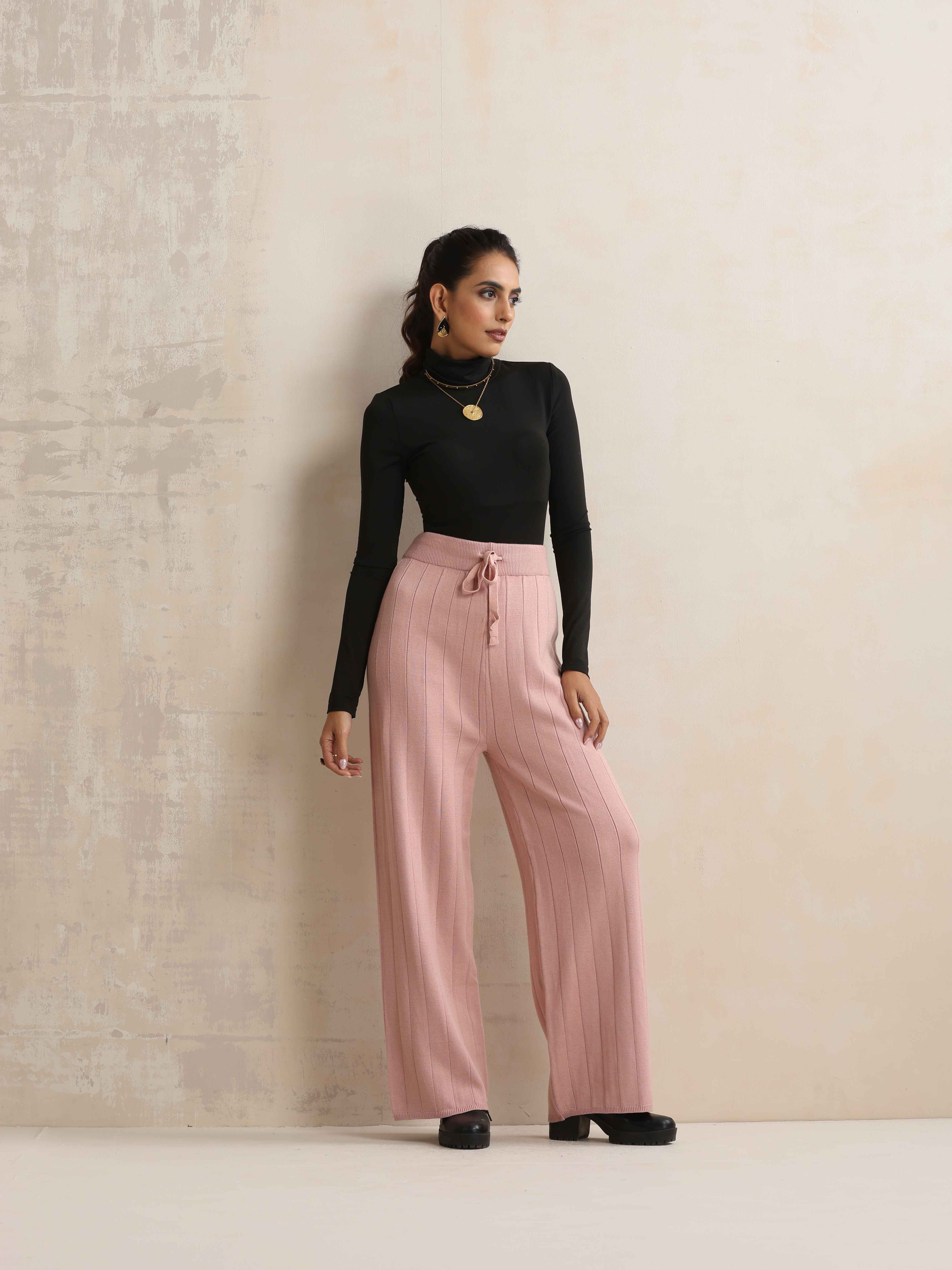 trueBrowns Pink Woollen Flared Pants - view 6