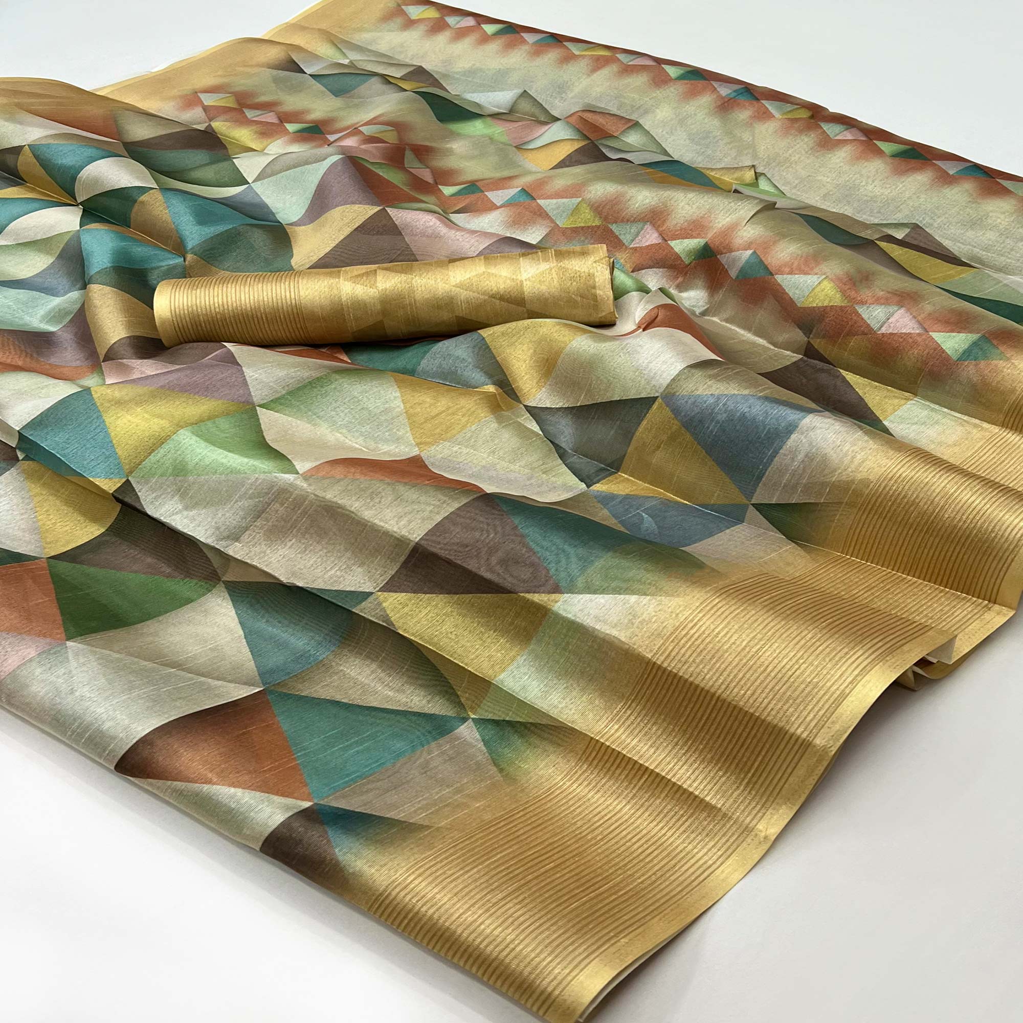 Peachmode Lemon Yellow Digital Printed Cotton Blend Saree With Fancy Border