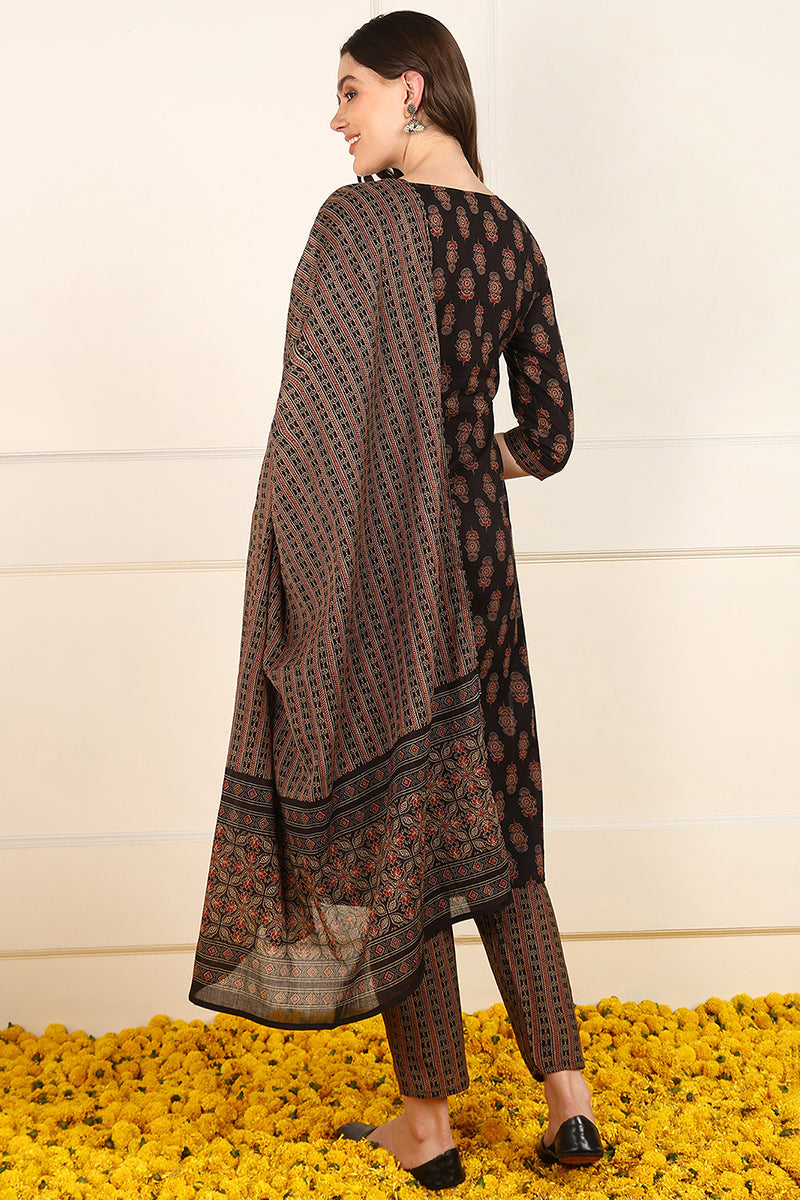 Ahika Brown Cotton Floral Printed Straight Suit Set JPSKD1007BRN - view 5