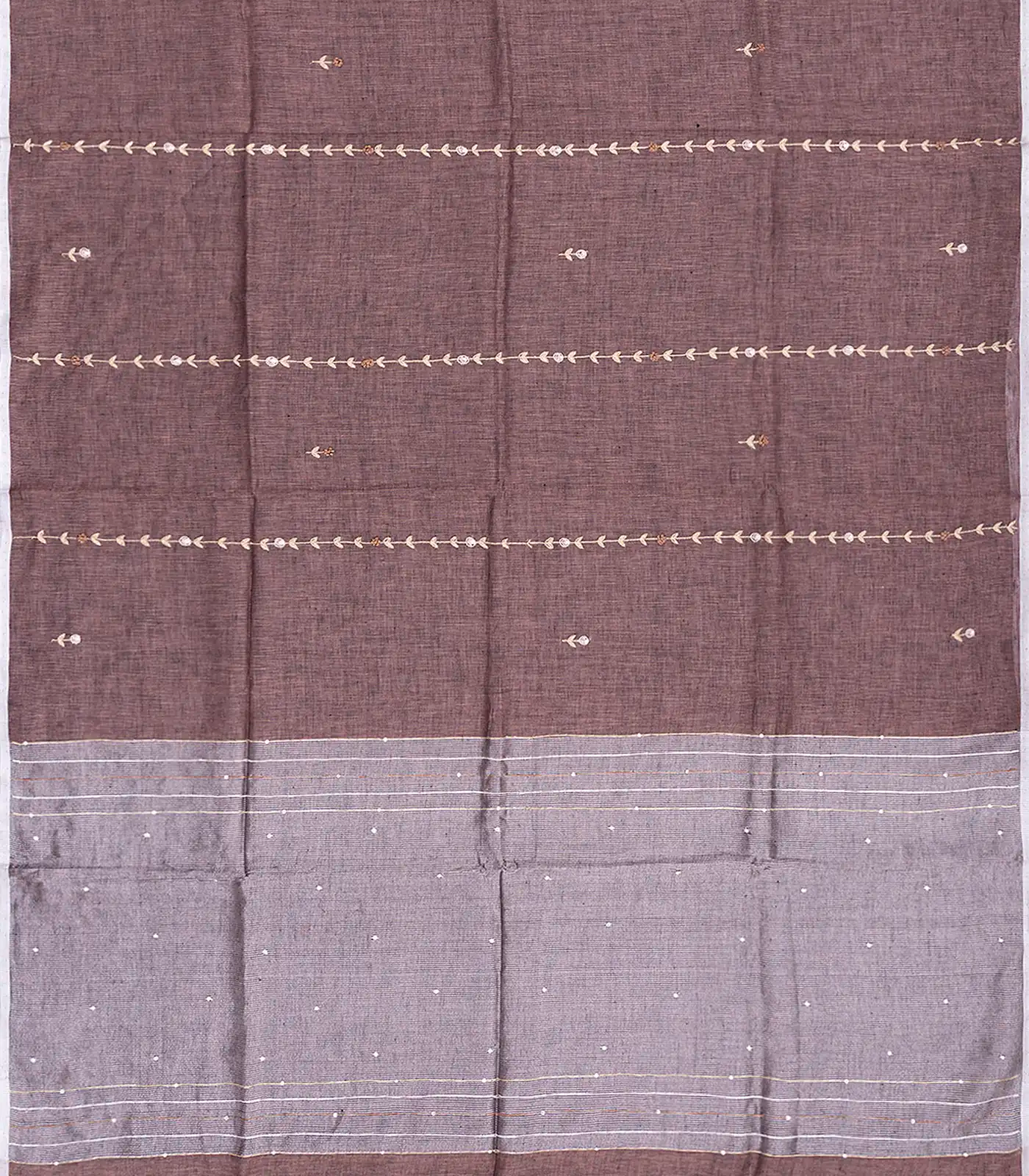 RmKV Brown Handloom Linen Saree With Floral Stripes Embroidery-Brown - view 2