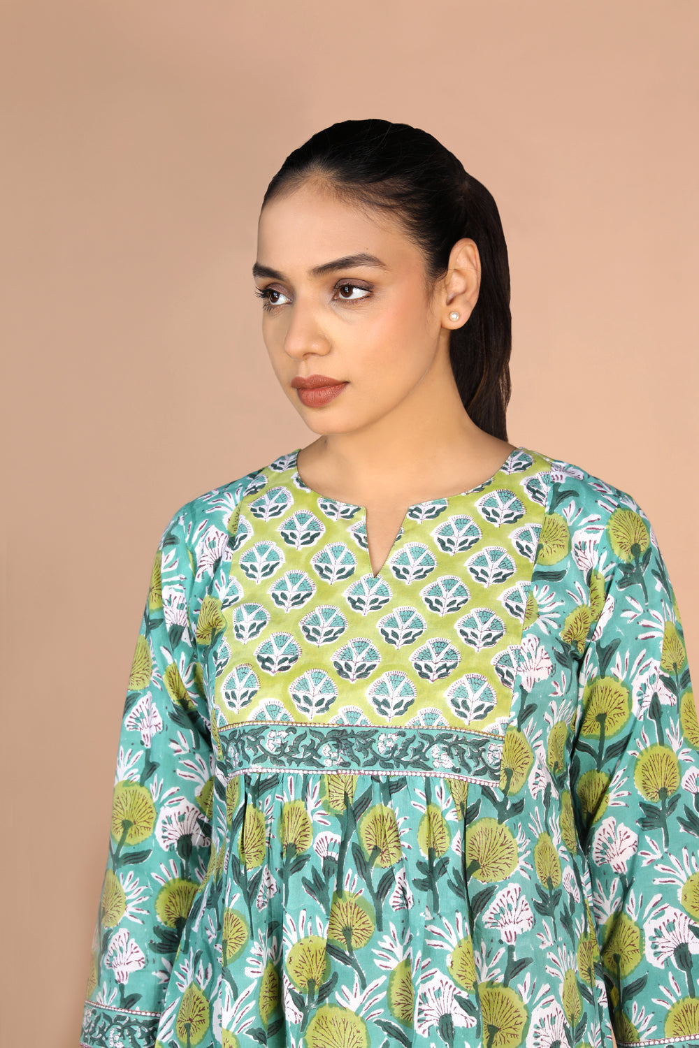 Kalanjali Ethnics Floral Aqua blue Sanganeri handblock printed cotton Kurti - view 5