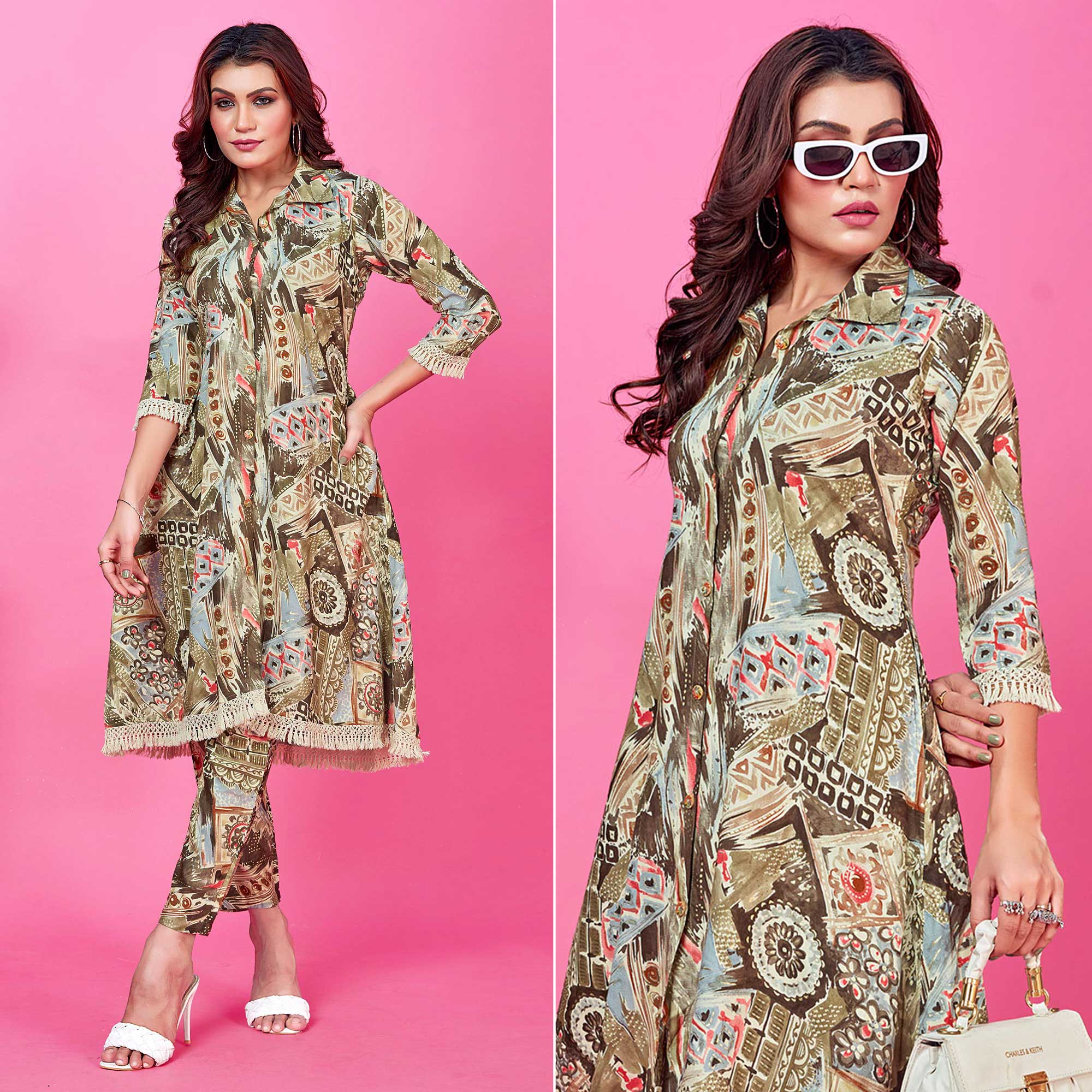 Peachmode Seller Mehandi Green Floral Foil Printed Rayon Co-Ord Set