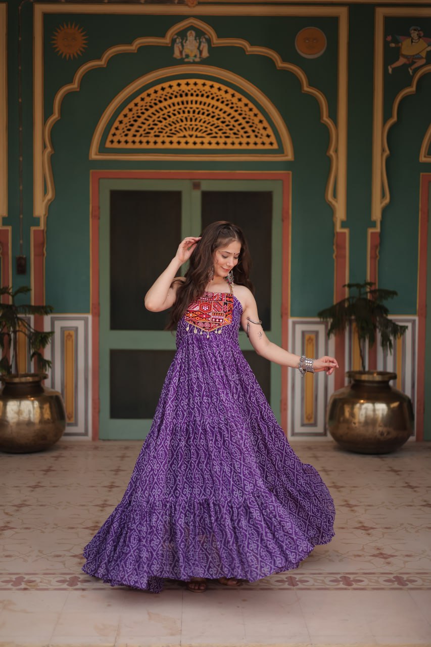ClothsVilla Purple Bandhani Print Sleeveless Gown with Kutchi Patchwork - view 2