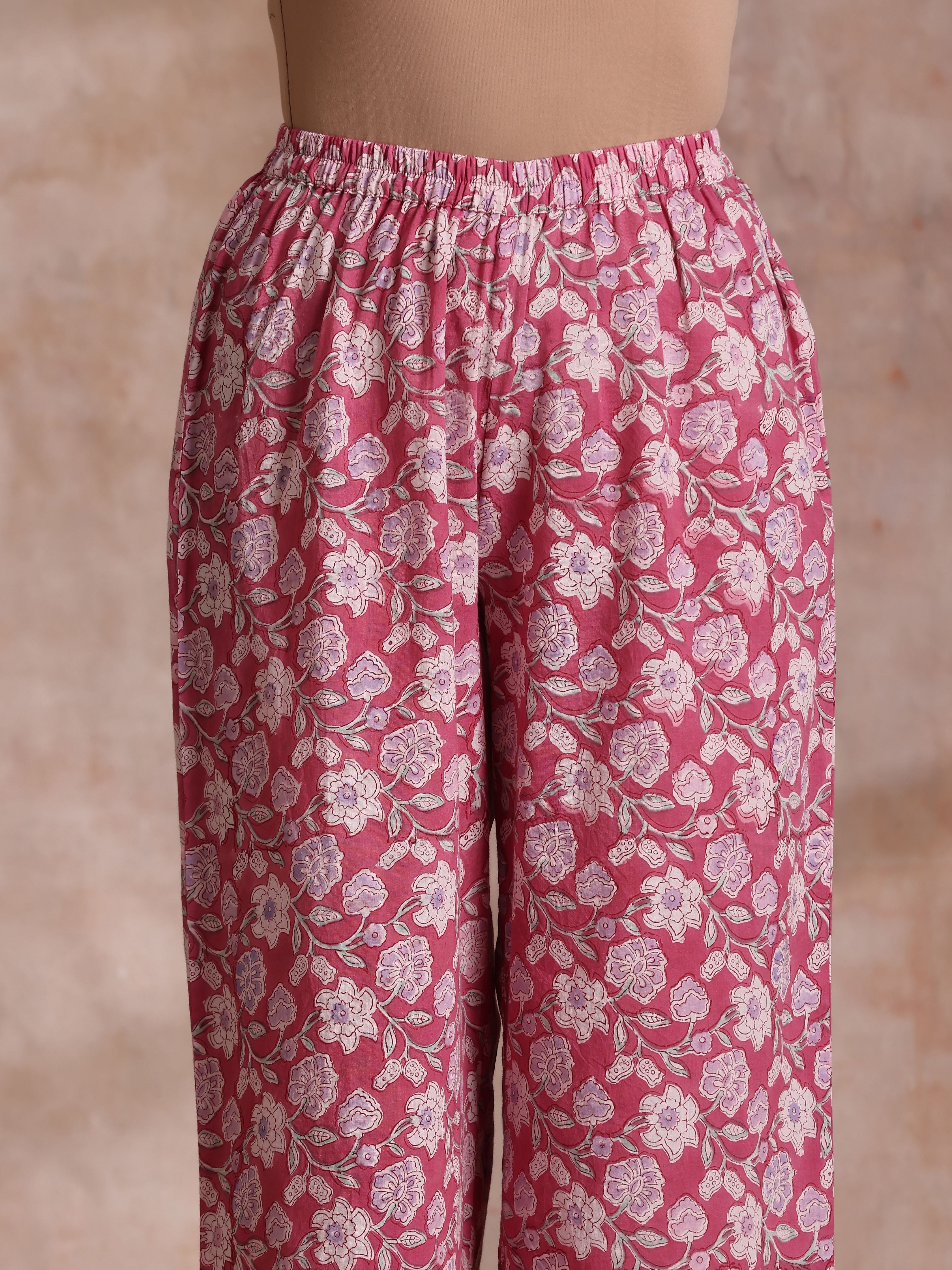 Pink Green Floral On White Block Print Cotton Slit Kurta Pant Set | Relove - view 8