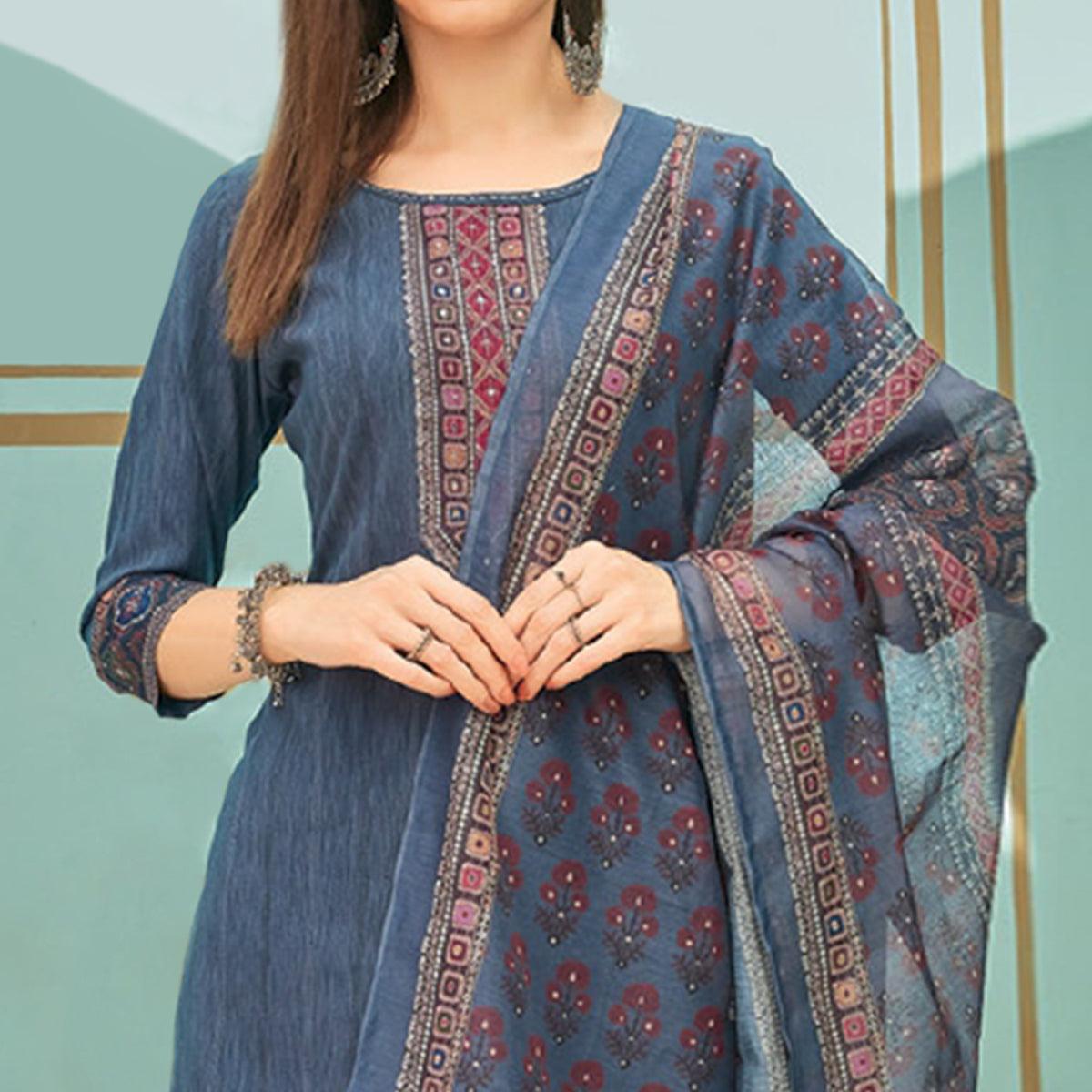 Peachmode Seller Grey Printed With Embroidery Tapetta Silk Kurti With Dupatta - view 3