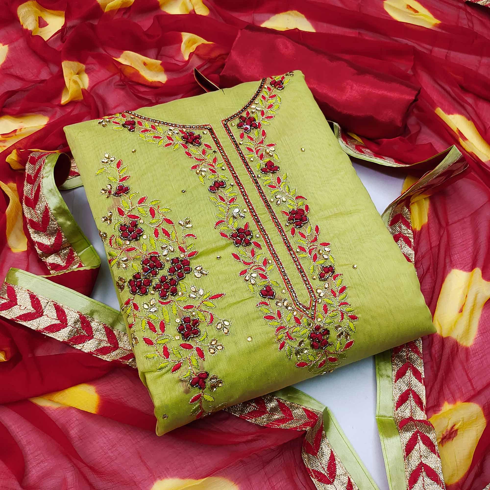Peachmode Mehendi Green Festive Wear Floral Embroidered Modal Dress Material