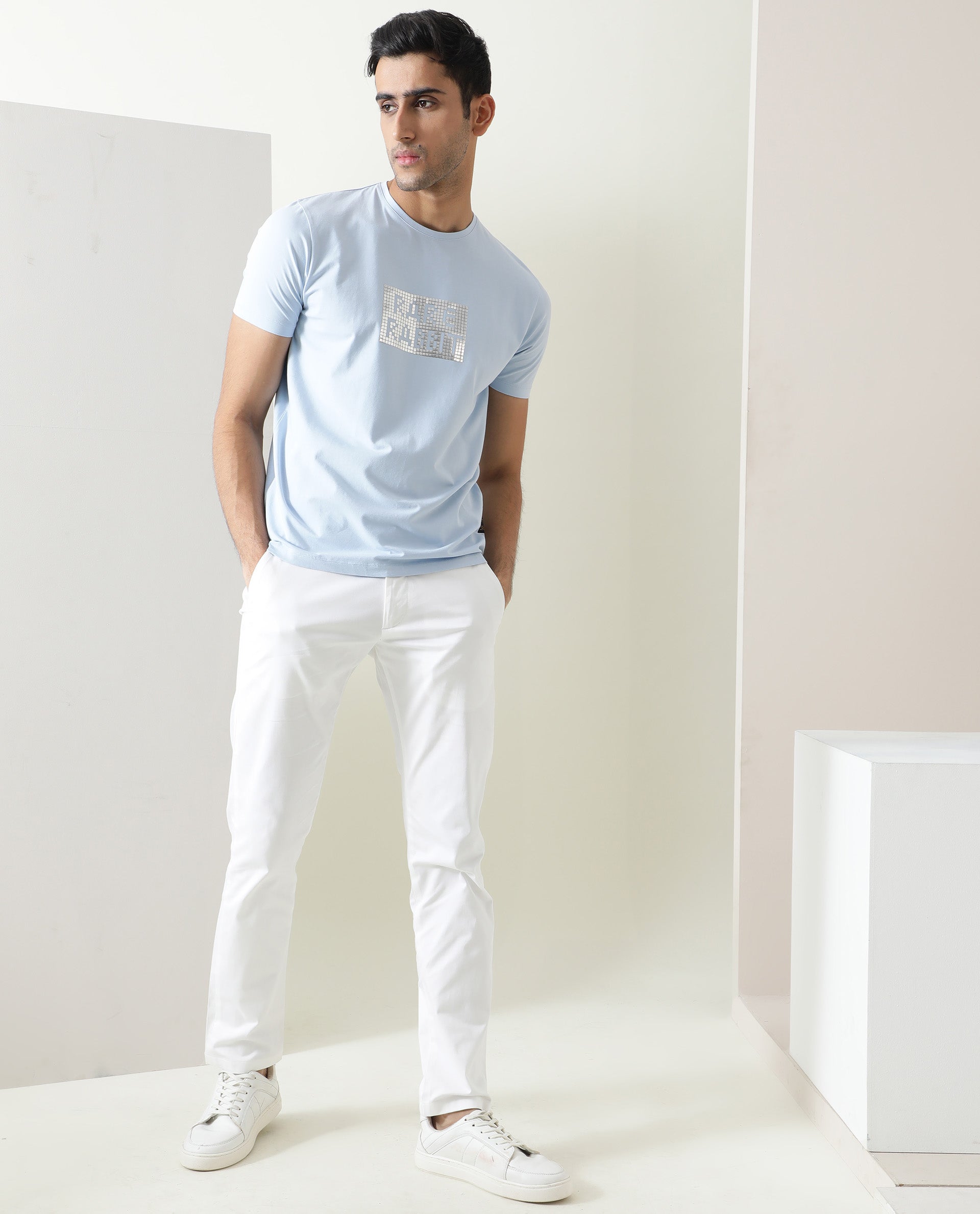 Rare Rabbit Men's Seal Pastel Blue Cotton Lycra Fabric Crew Neck Half Sleeves Regular Fit Foil HD Print T-Shirt - view 5