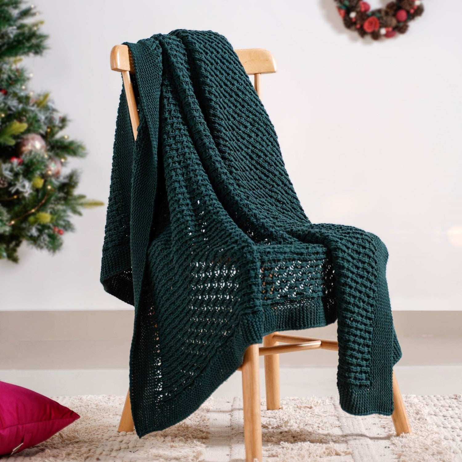 Nestasia Green Cable Knitted Pure Cotton Soft Throw Blanket