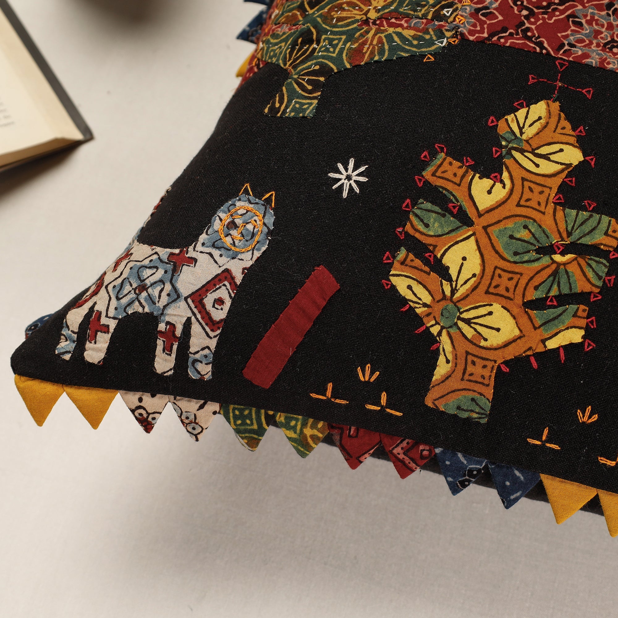 Black - Kala Raksha Applique Cutwork Cotton Cushion Cover (16 x 16 in) - view 2