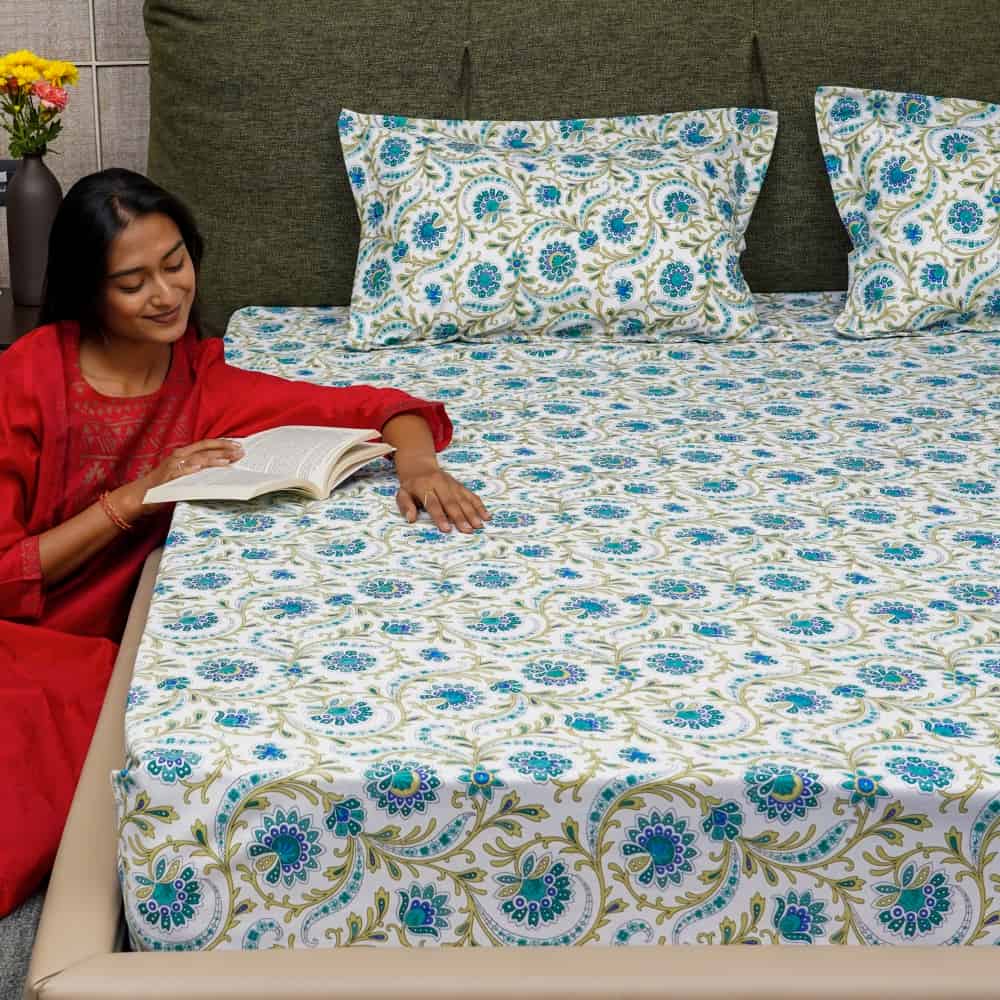 Urban Space -Home Furnishing Store Serene Collection - Breathable 200 TC 100% Pure Cotton Single Bedsheet with Pillow Cover, Guldaudi Floral- Blue
