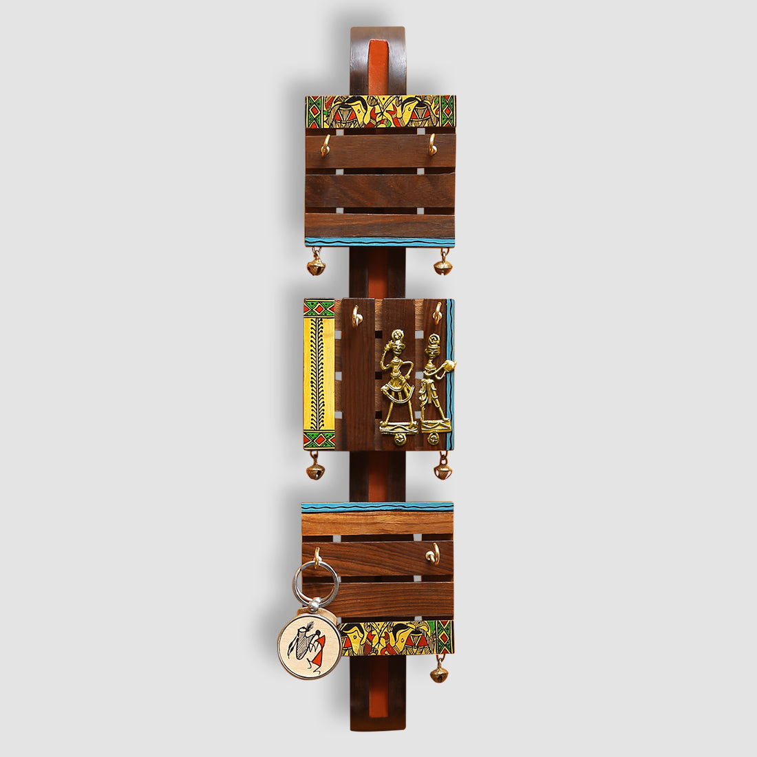 EXCLUSIVELANE 'Brass, Wood & Colours' Madhubani Handpainted Dhokra Art Key Holder In Sheesham & Teak Wood (6 Hooks) - view 2