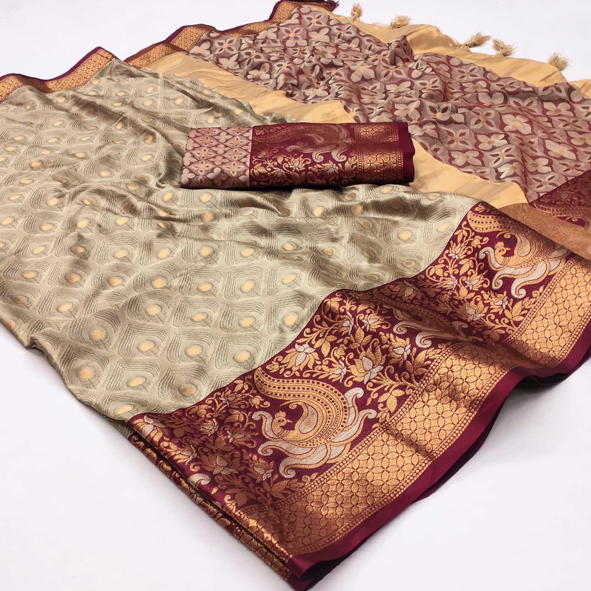 Peachmode Chikoo Woven Cotton Silk Saree With Tassels