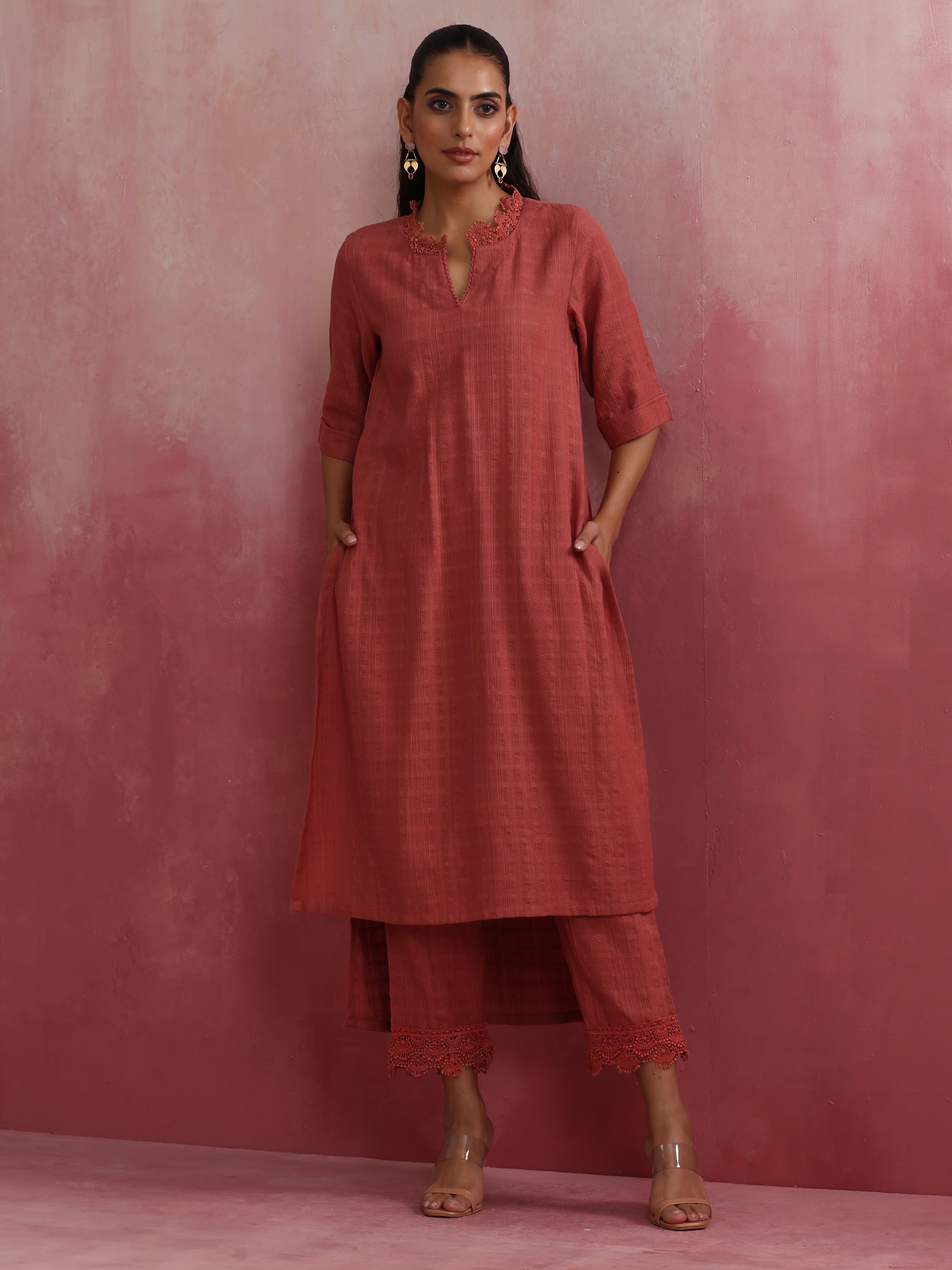 trueBrowns Peach High low Cotton Dobby Kurta Set