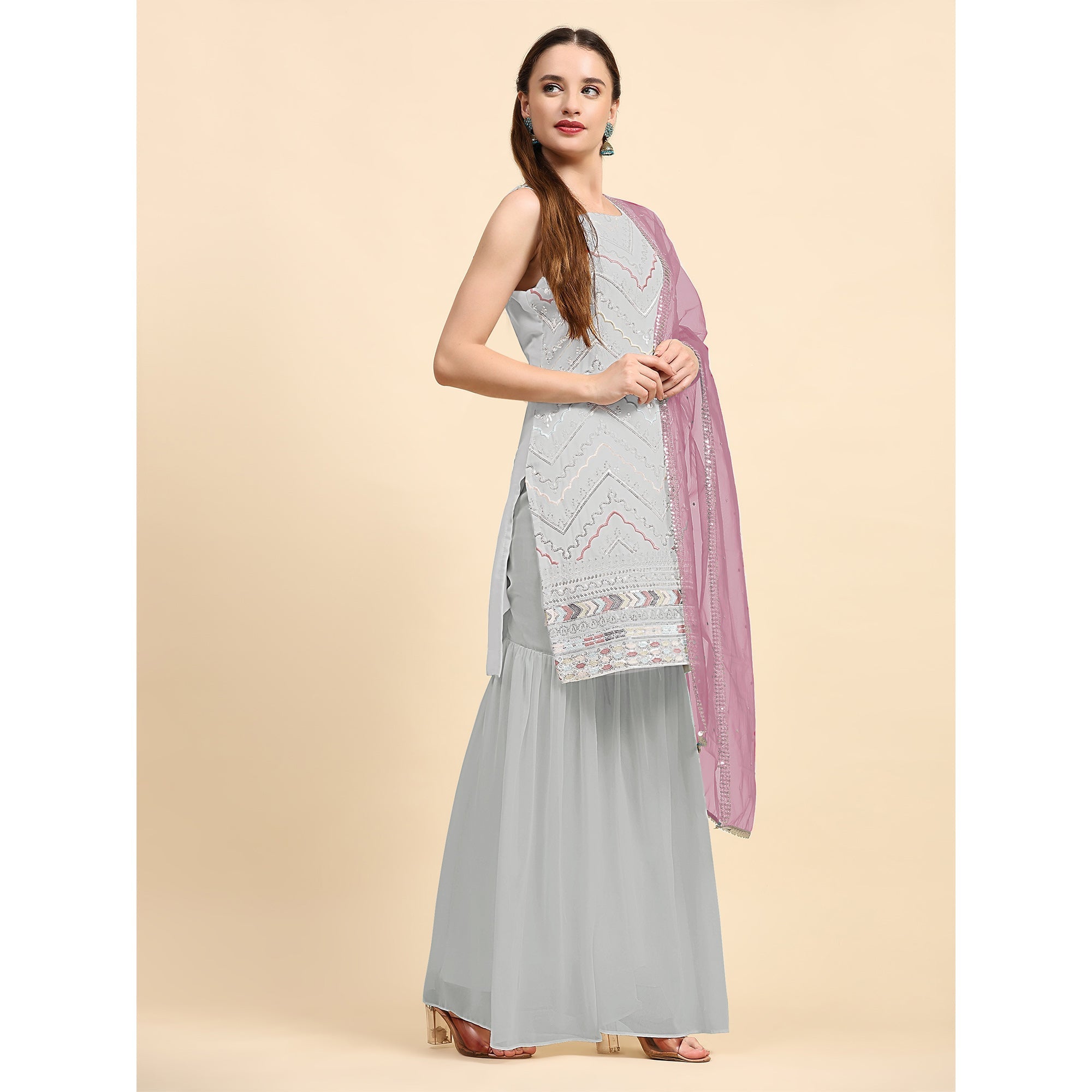 Peachmode Grey Sequins Embroidered Georgette Semi Stitched Suit - view 4