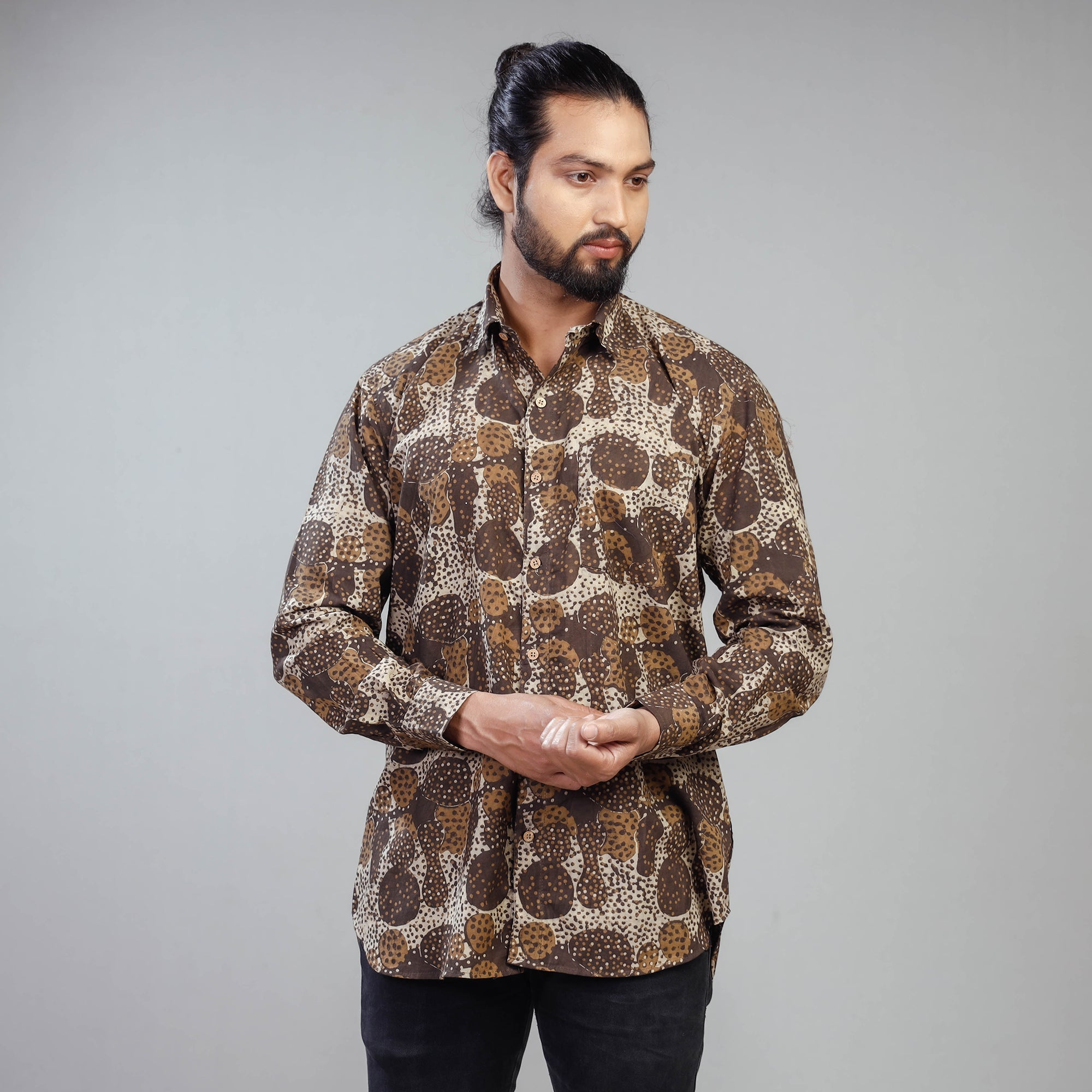 ITOKRI CASUALS Brown - Akola Block Printing Cotton Men Full Sleeve Shirt
