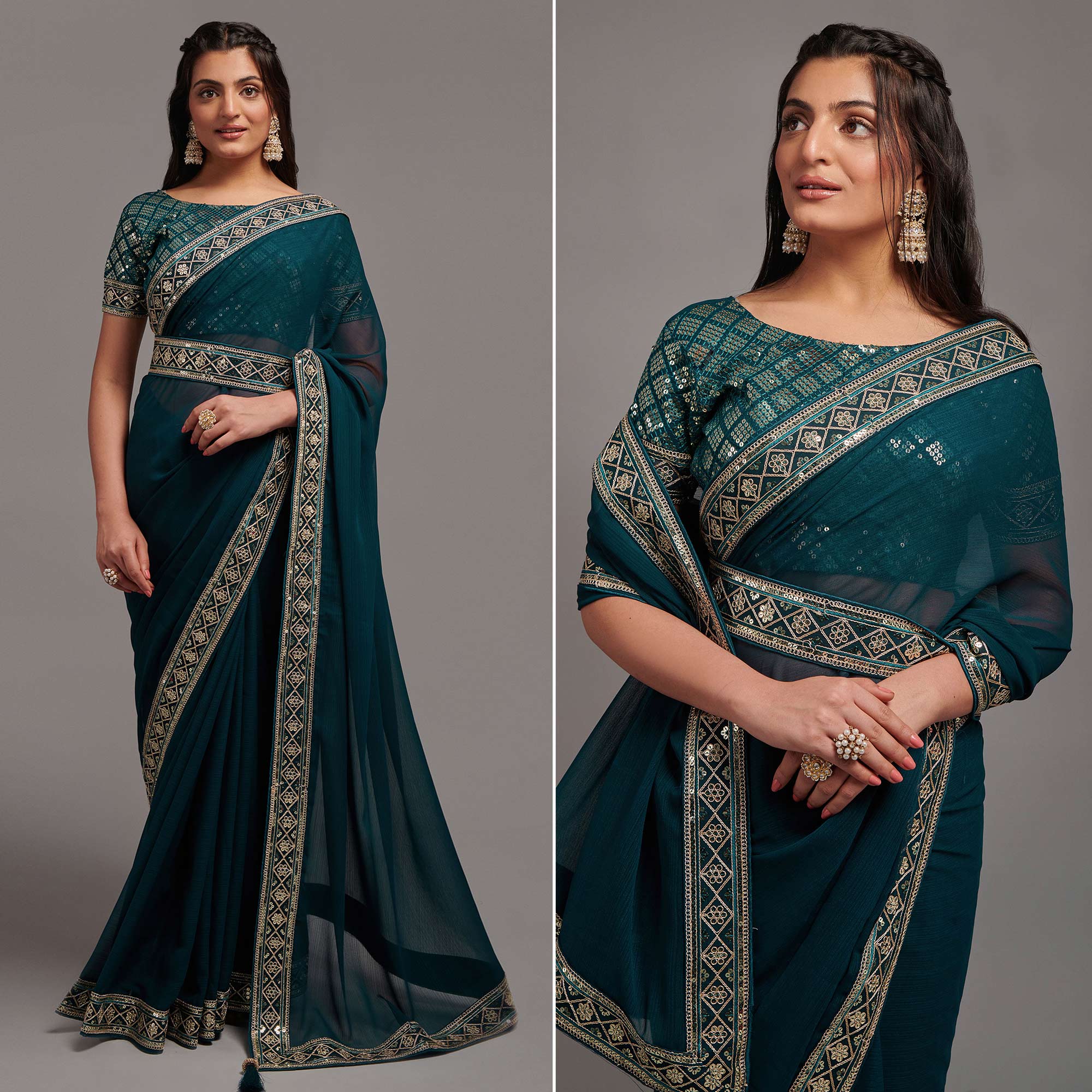 Peachmode Morpich Sequins Embroidered Border Chinon Saree