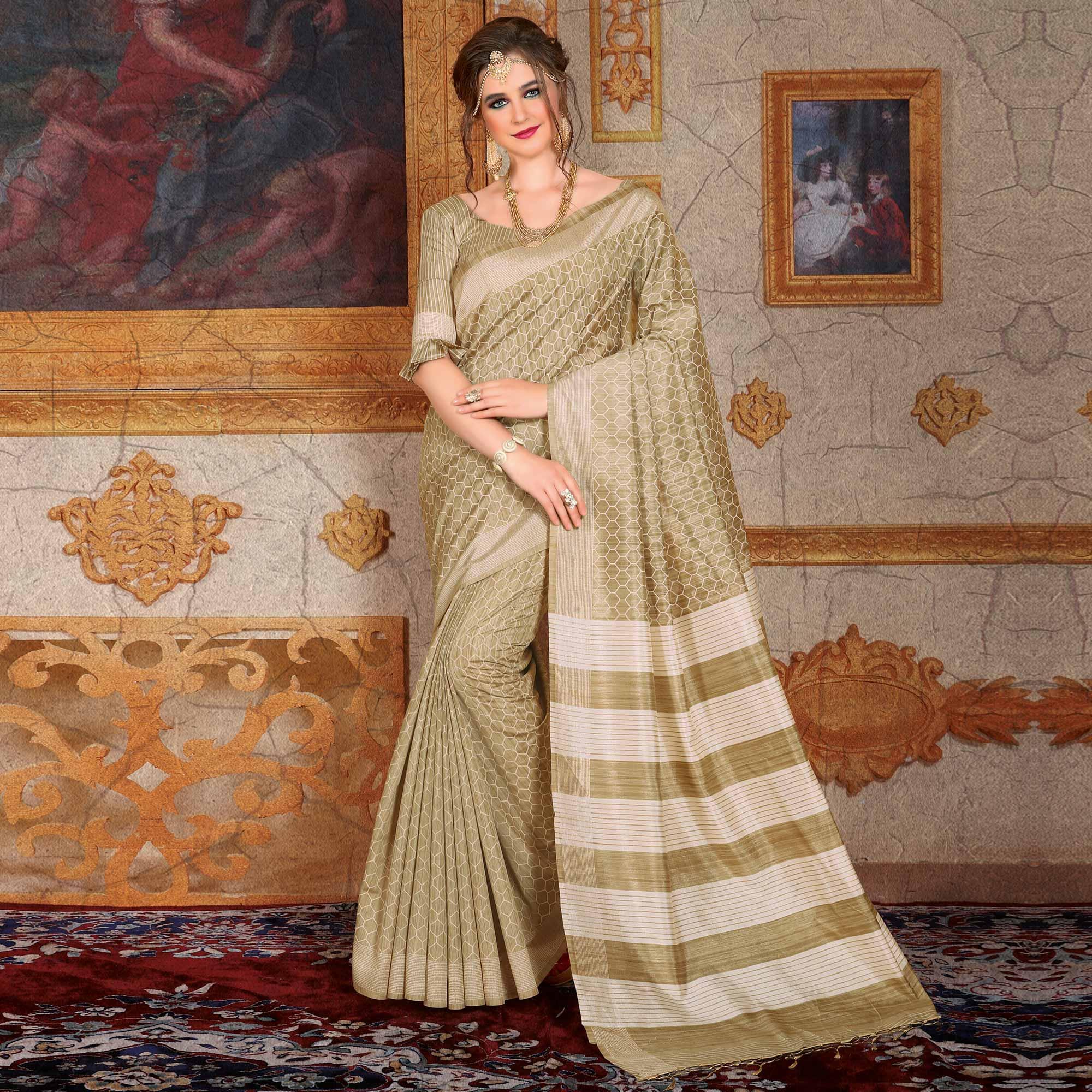 Peachmode Classy Beige Colored Festive Wear Printed Bhagalpuri Silk Saree