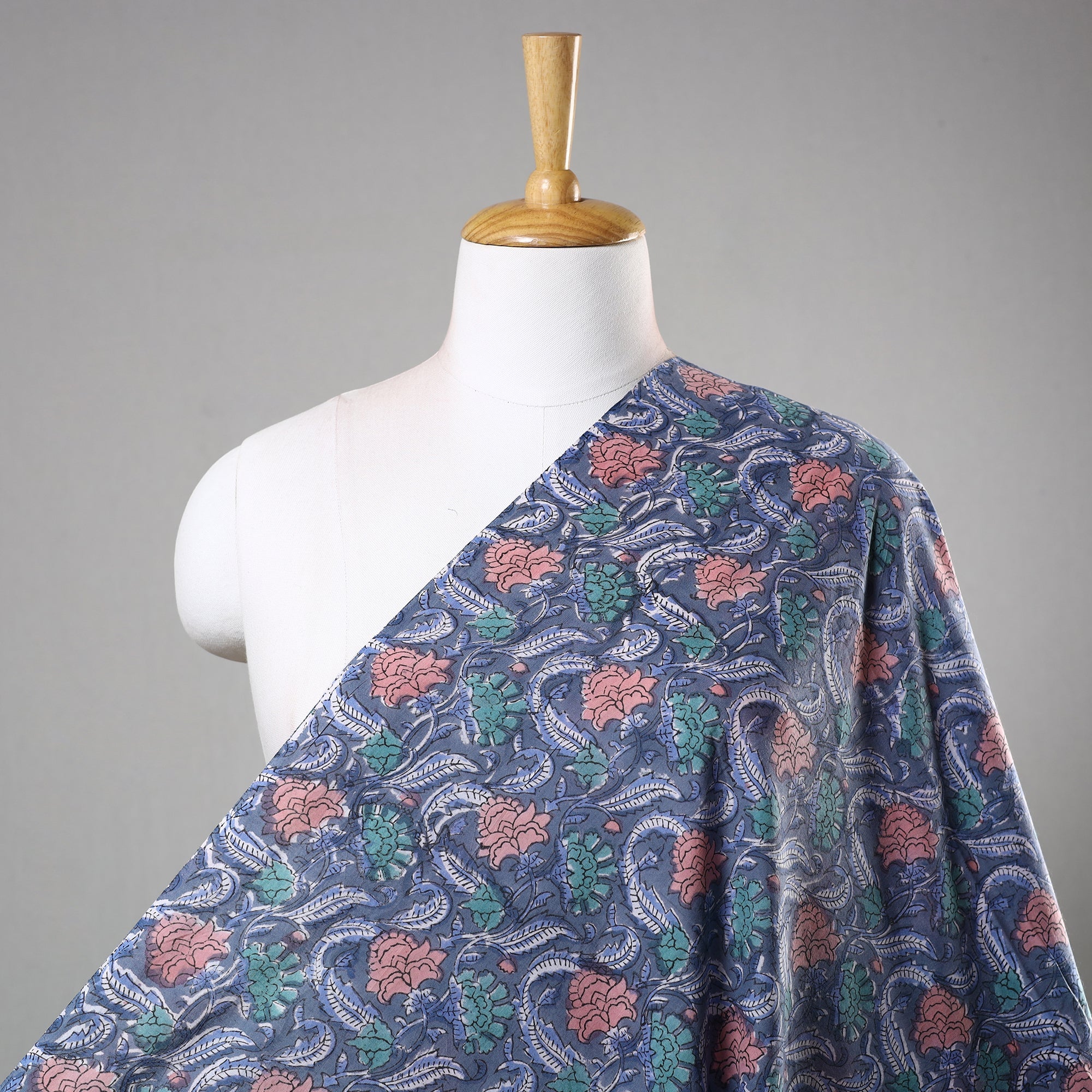 KUSUMLATA Blue - Floral Sanganeri Block Print Cotton Fabric 03