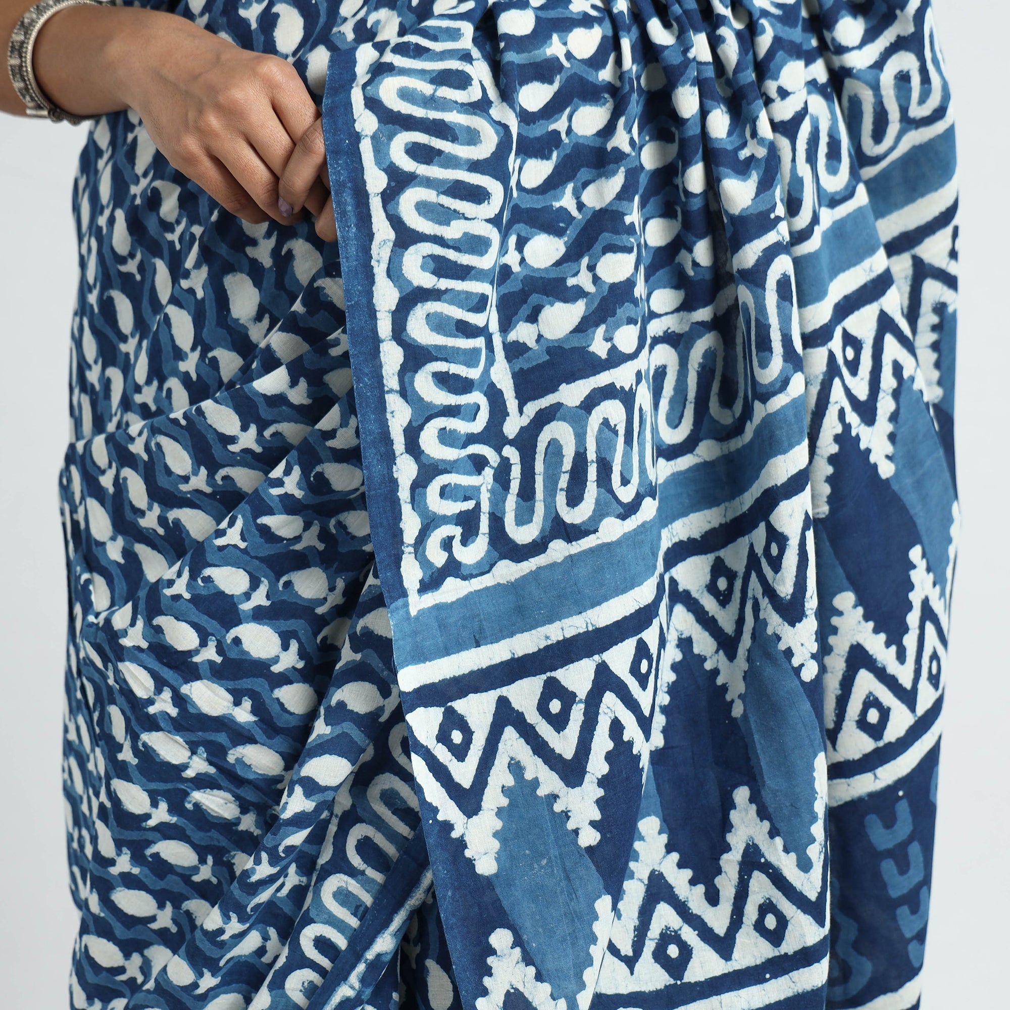 ARTISAN HAND BLOCK PRINTS Blue - Bagru Dabu Block Printed Mul Cotton Saree - view 6