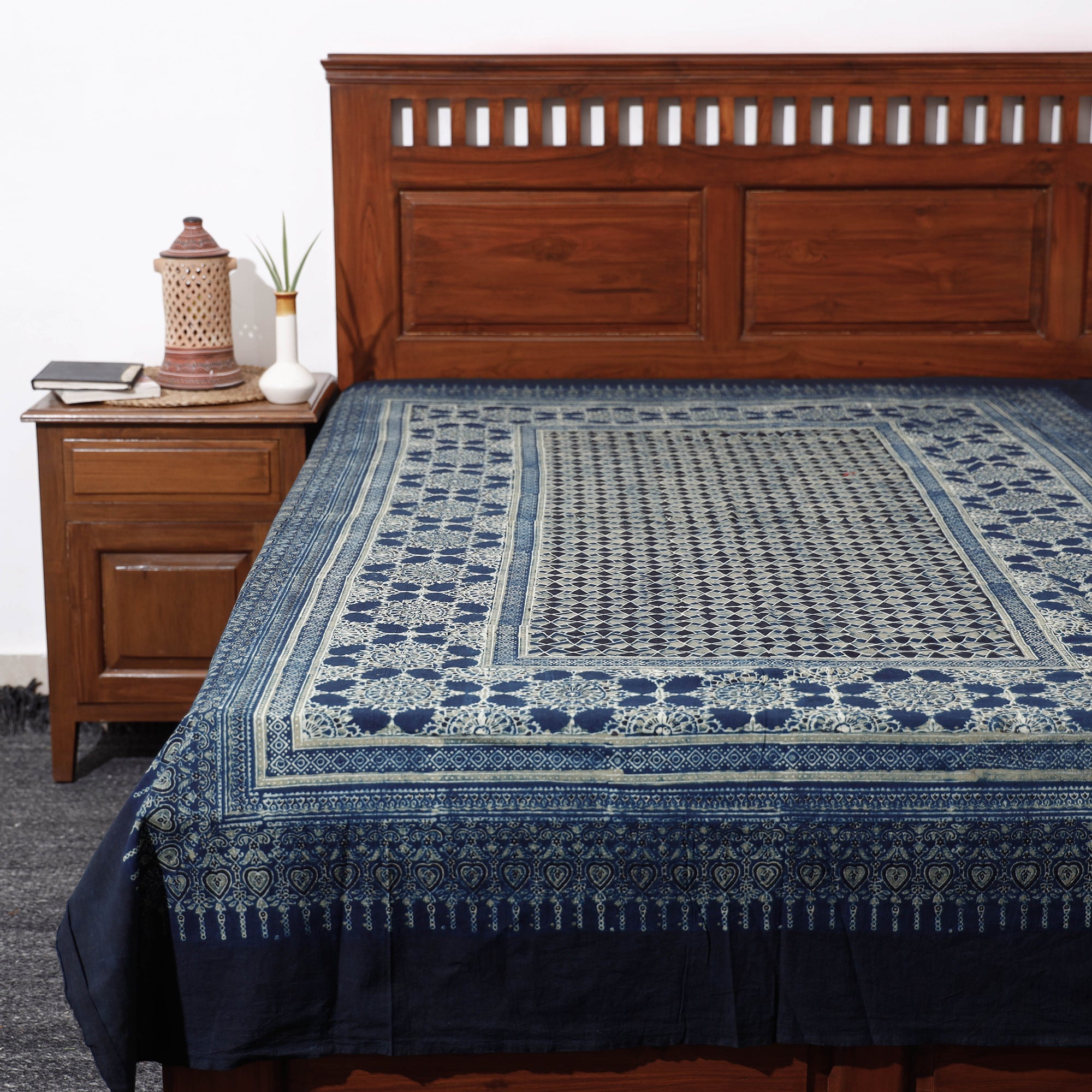KACHCHH JI CHHAAP Blue - Ajrakh Block Printed Cotton Single Bed Cover (90 x 60 in)