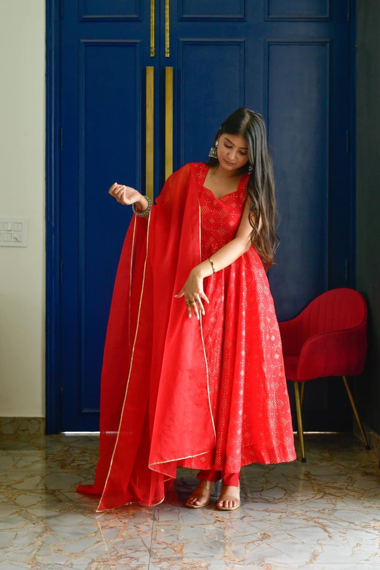 Idaho-o red embroidered silk suit set