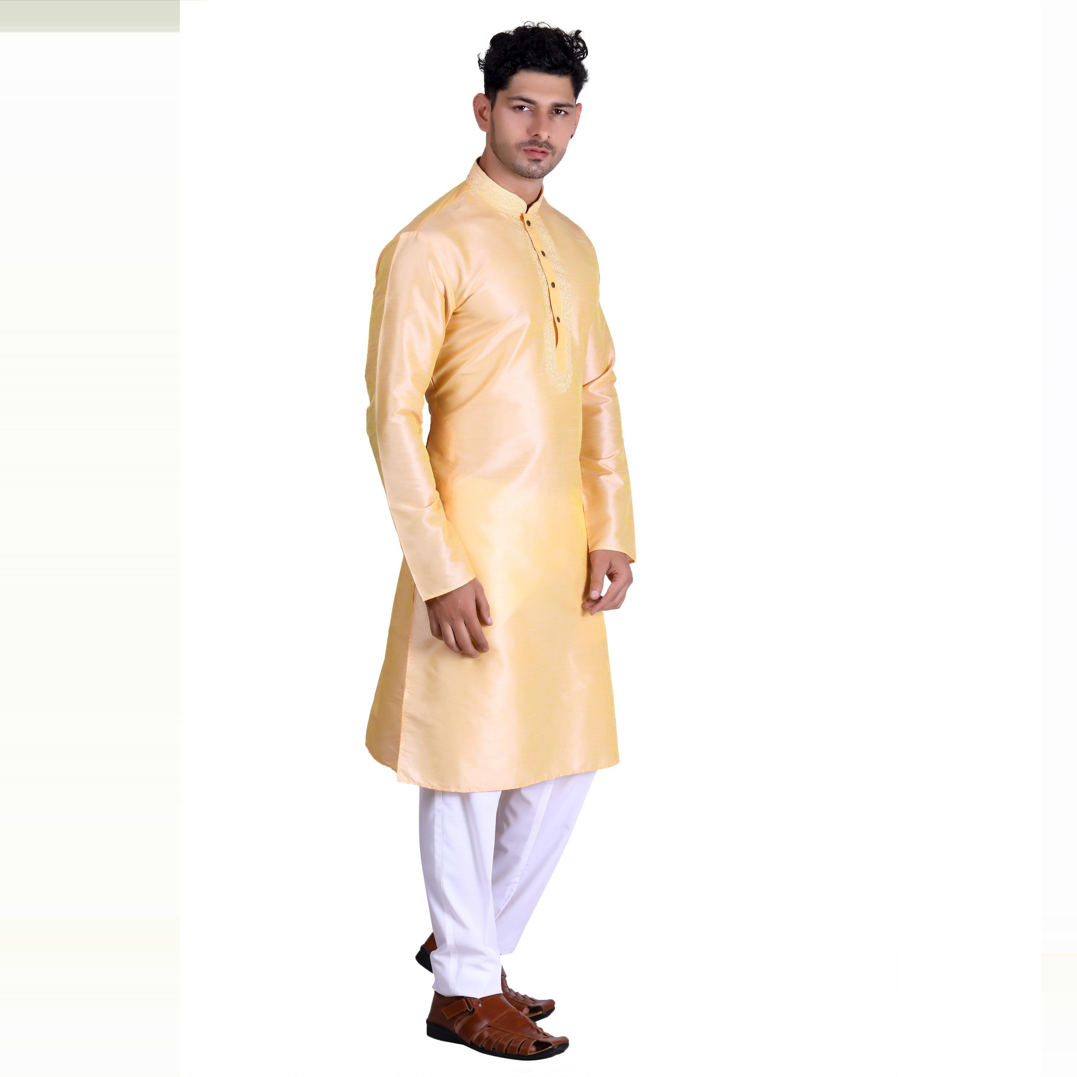 Peachmode Seller Light Yellow Woven With Embroidered Art Silk Men's Kurta Pyjama Set - view 2