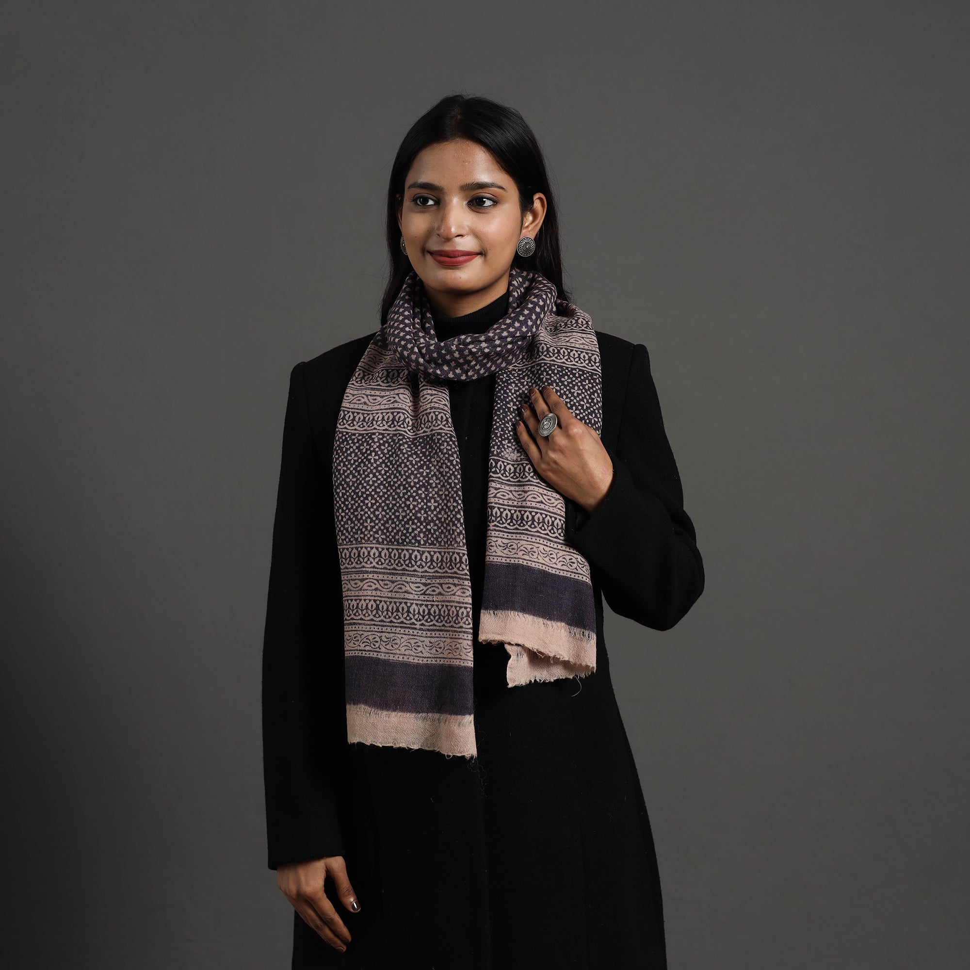 BAGH PRINTS BY UMAR FARUK KHATRI Black - Bagh Hand Block Printed Woollen Stole 04
