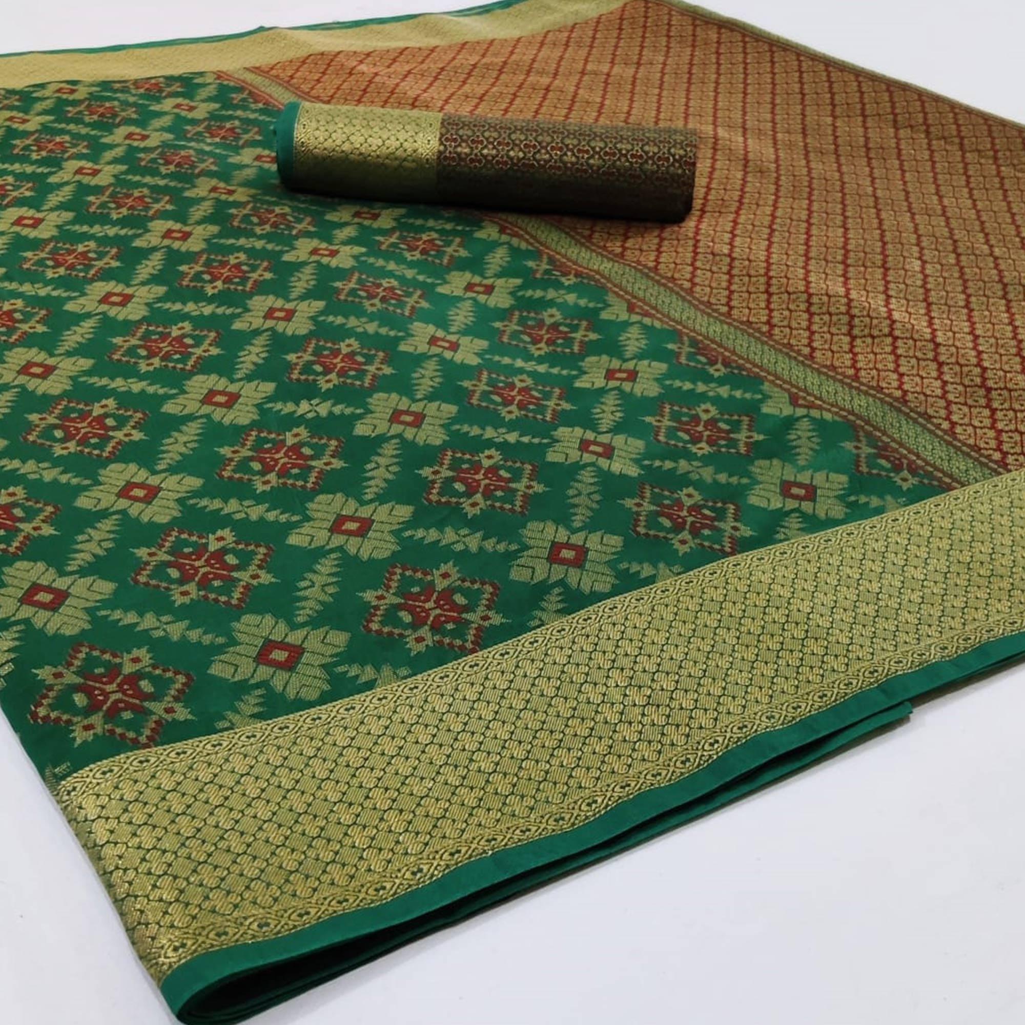Peachmode Exclusive Green Colored Festive Wear Woven Silk Saree