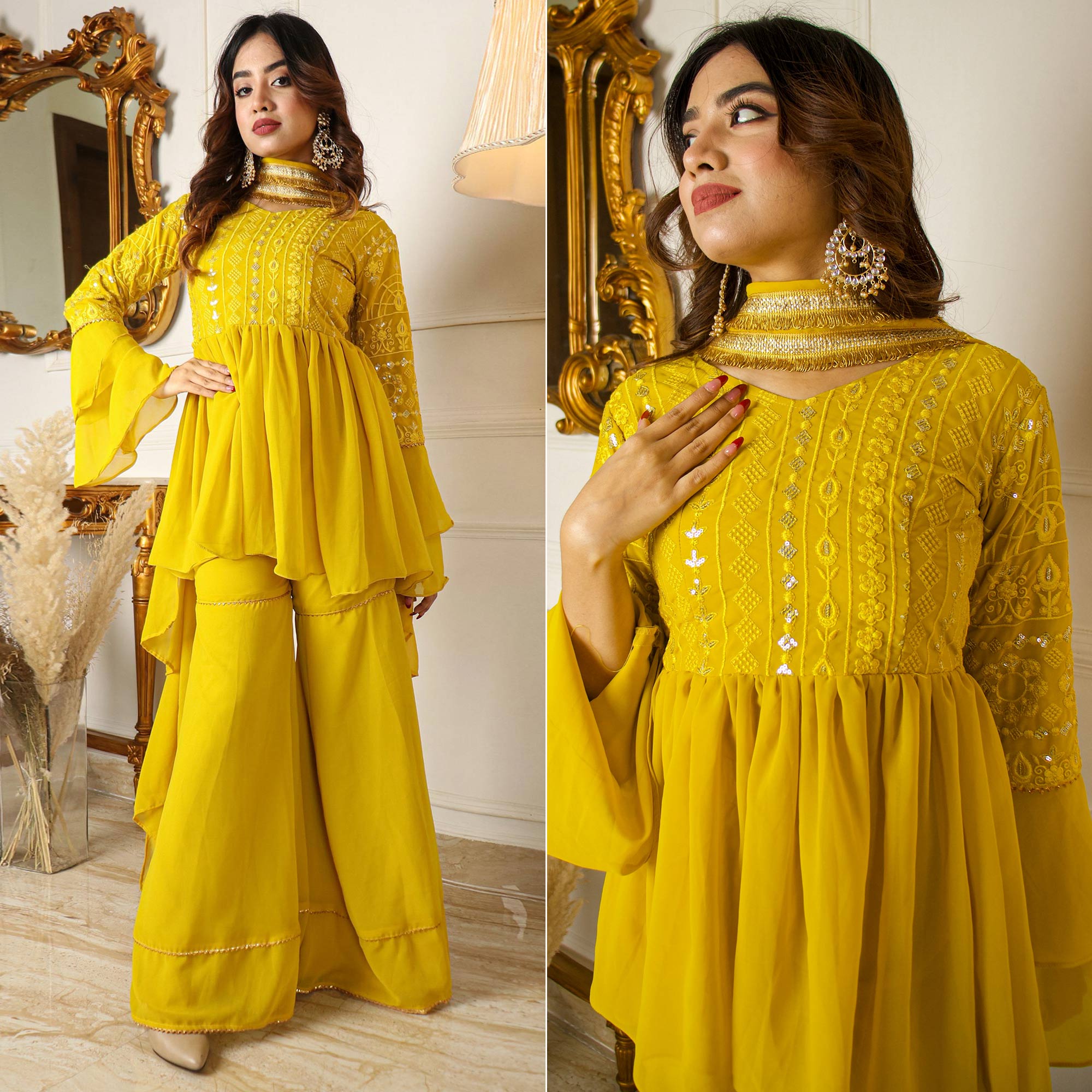 Peachmode Seller Lemon Yellow Sequins Embroidered Georgette Sharara Suit