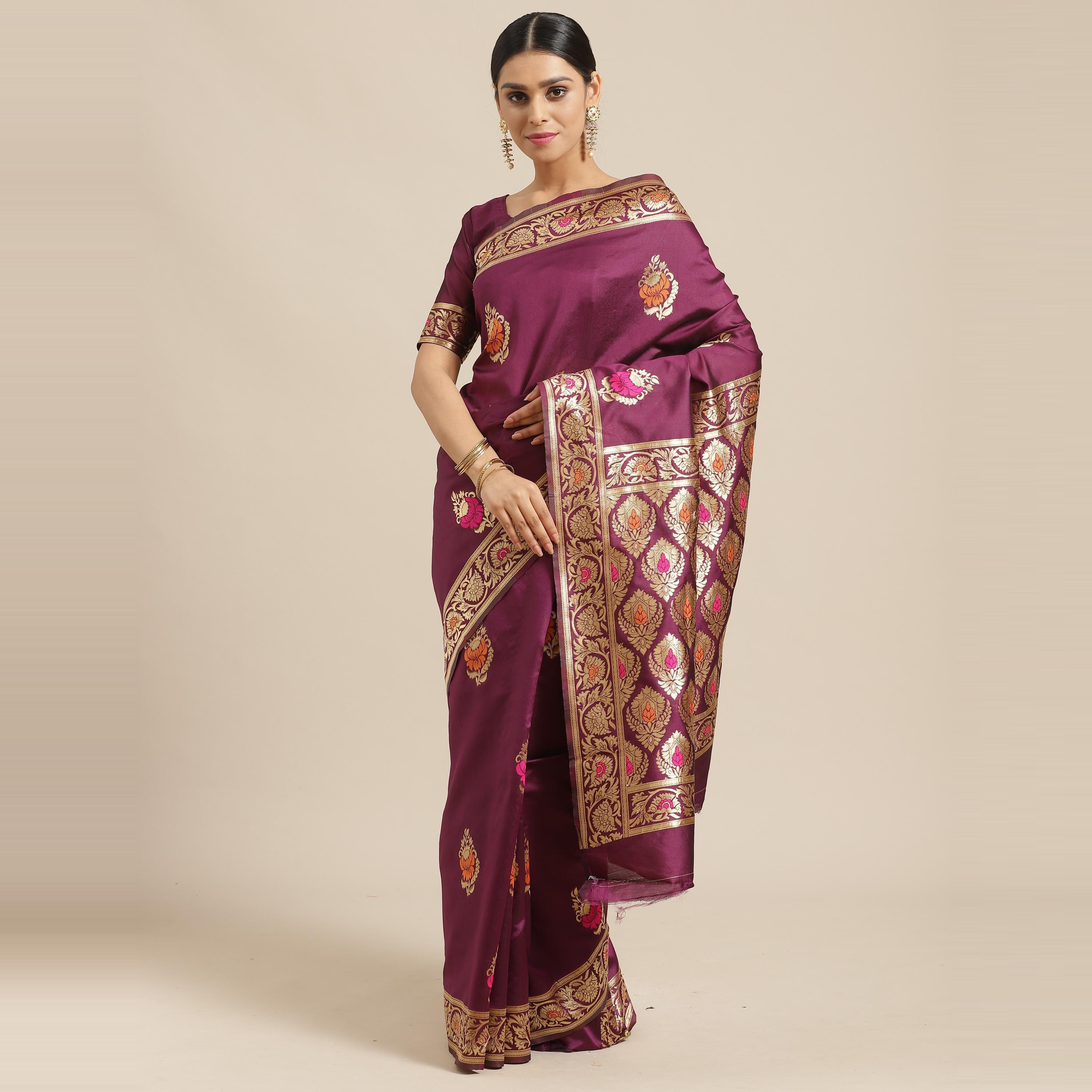 Peachmode Glowing Magenta Colored Festive Wear Woven Silk Blend Saree