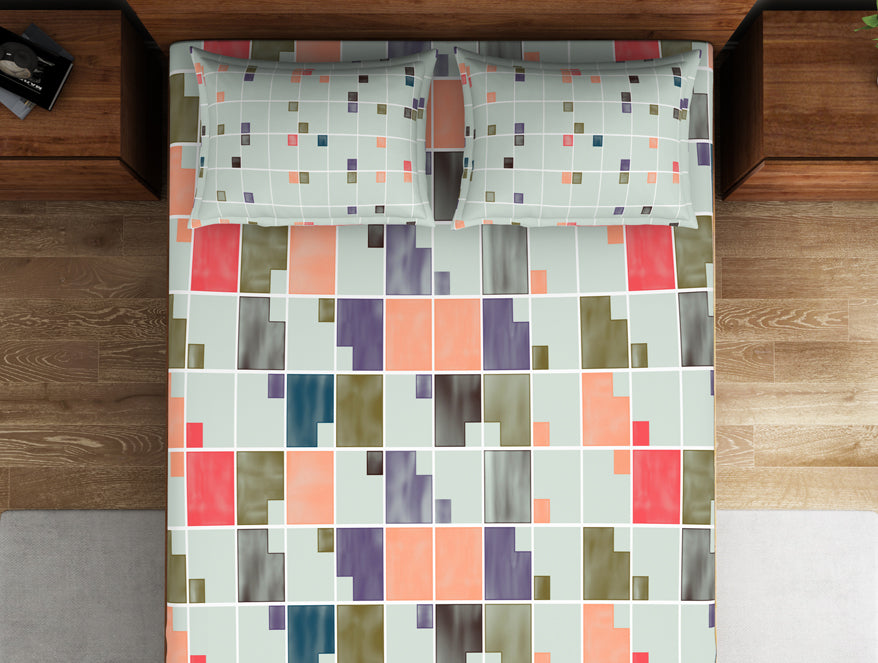 Spaces India Geometric Fairest Jade - Light Green 100% Cotton Double Bedsheet - Color Block By Spaces - view 3