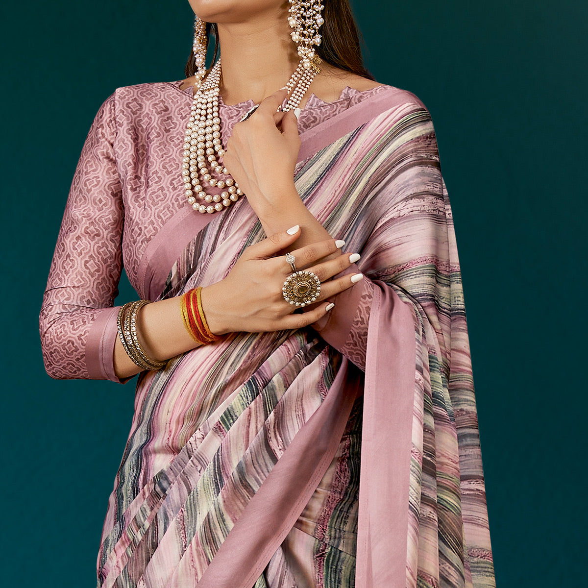 Peachmode Dusty Pink Digital Printed Satin Saree - view 2