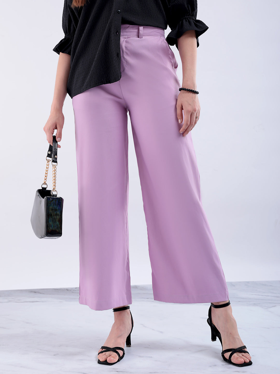 Freehand by The Indian Garage Co Women's Purple Flare Solid Trouser With Elasticated Waistband