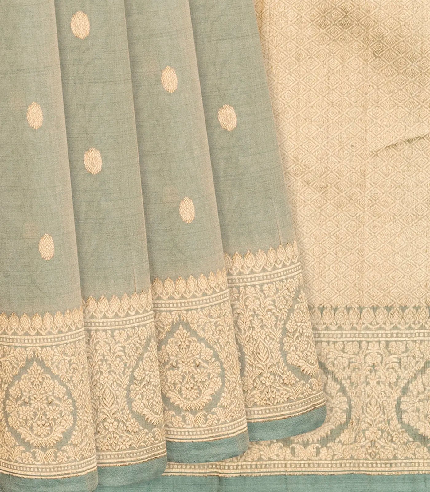 RmKV Cardamom Green Handloom Banarasi Tissue Silk Saree With Coin Motifs-Cardamom Green