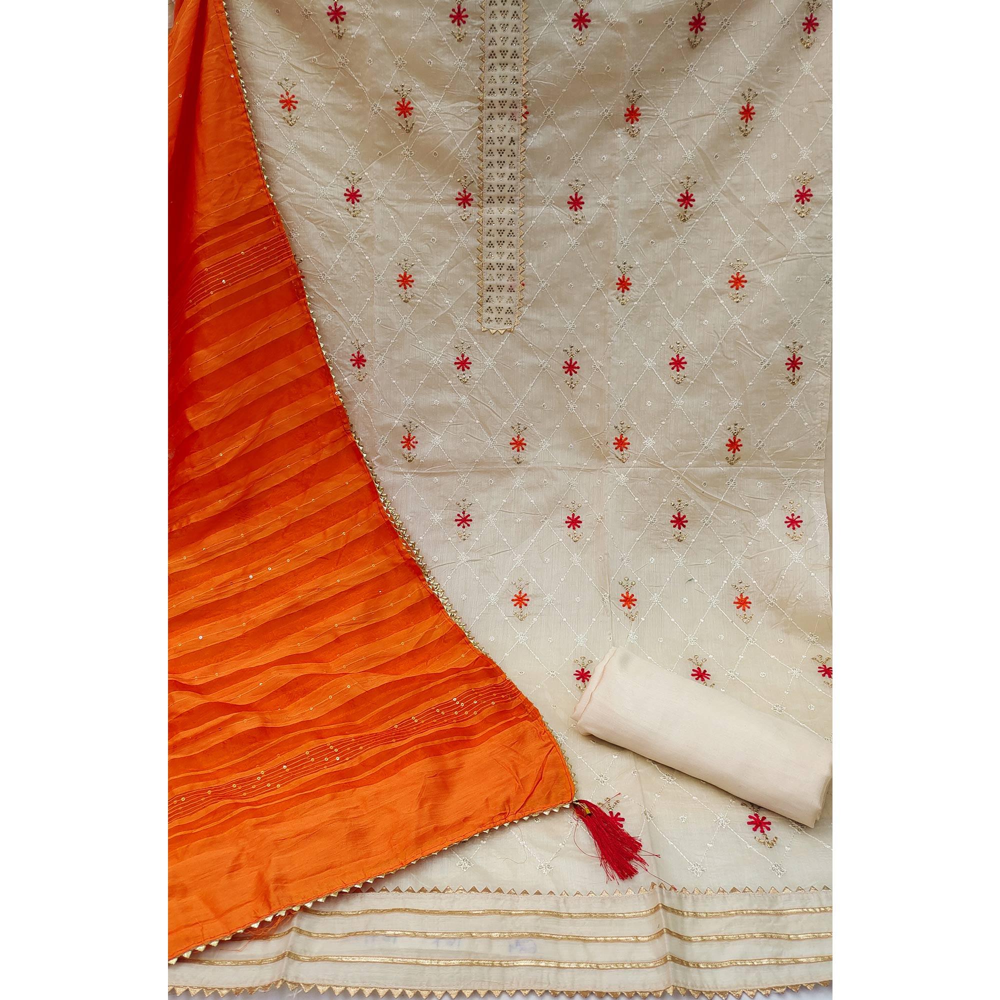 Peachmode Cream Sequins Embroidered Chanderi Dress Material - view 3