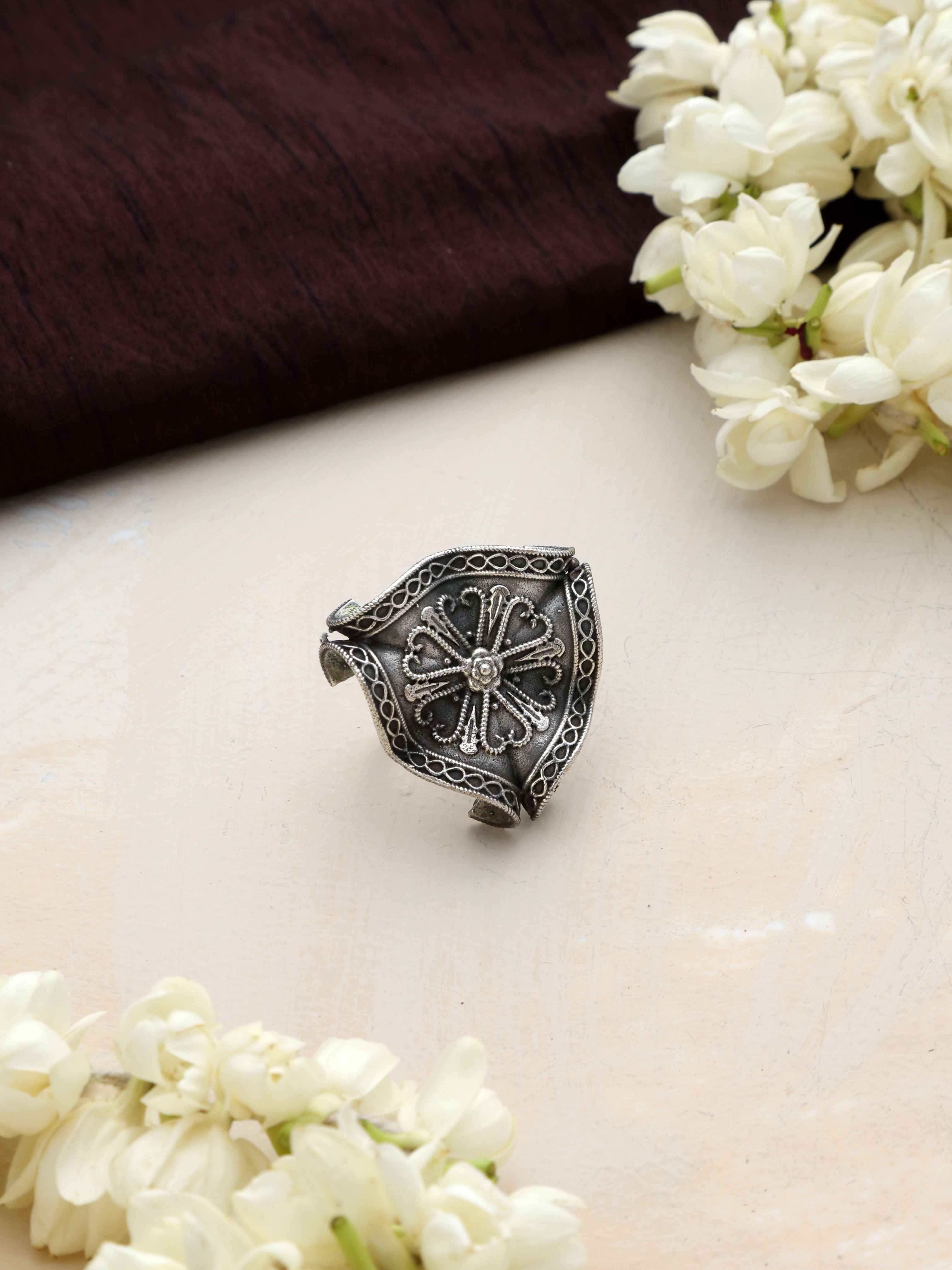 trueBrowns Silver Tone Floral Petal Ring - view 4