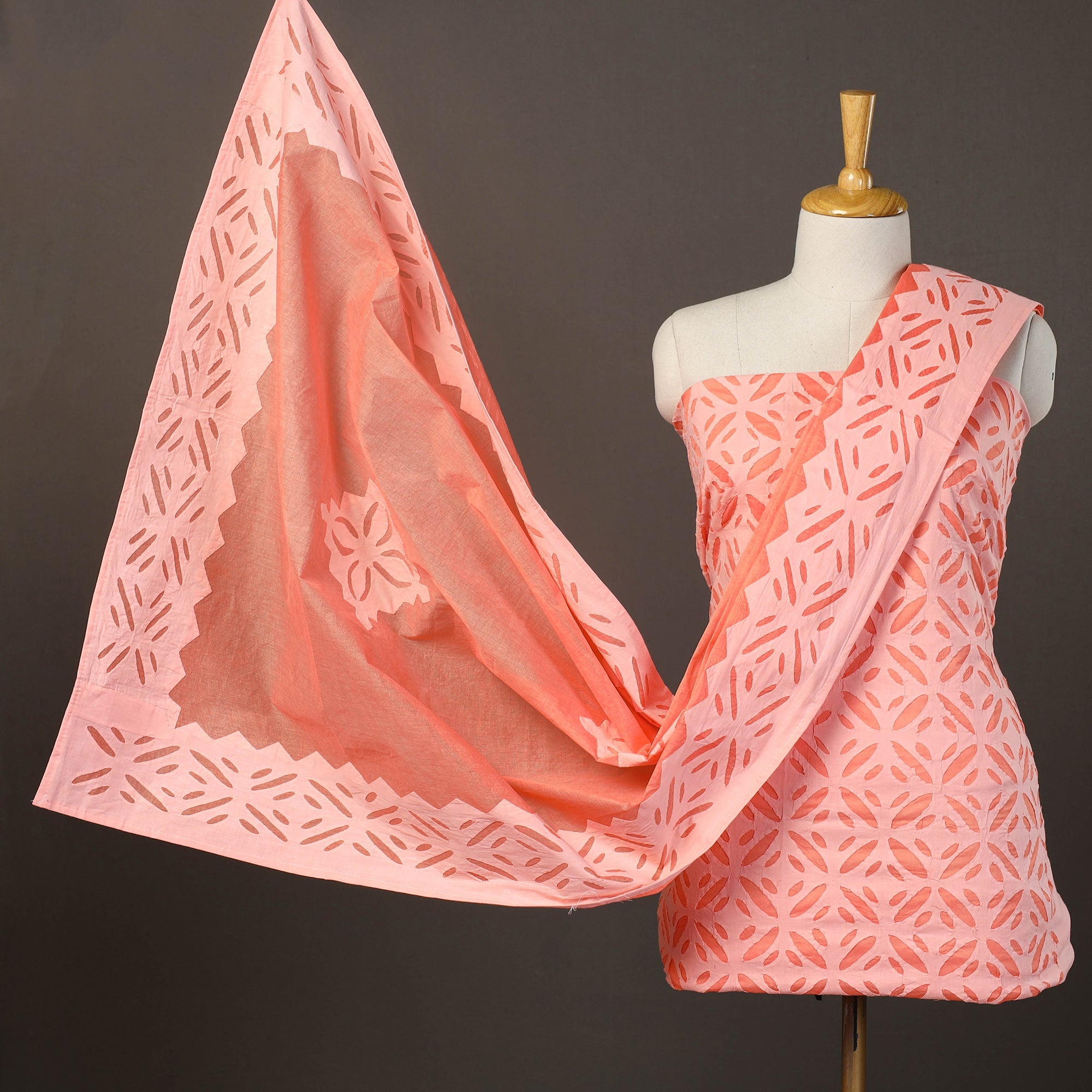 SHADES OF MARUDHARA Peach - 3pc Cut Work Cotton Barmer Applique Dress Material 22