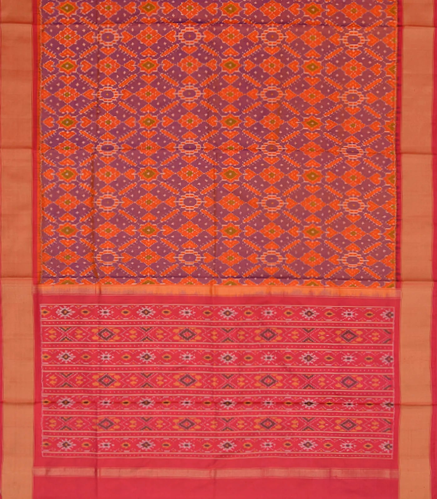 RmKV Orange Handwoven Rajkot Patola Silk Saree With Diamond Motifs And Pink Border & Pallu-Orange