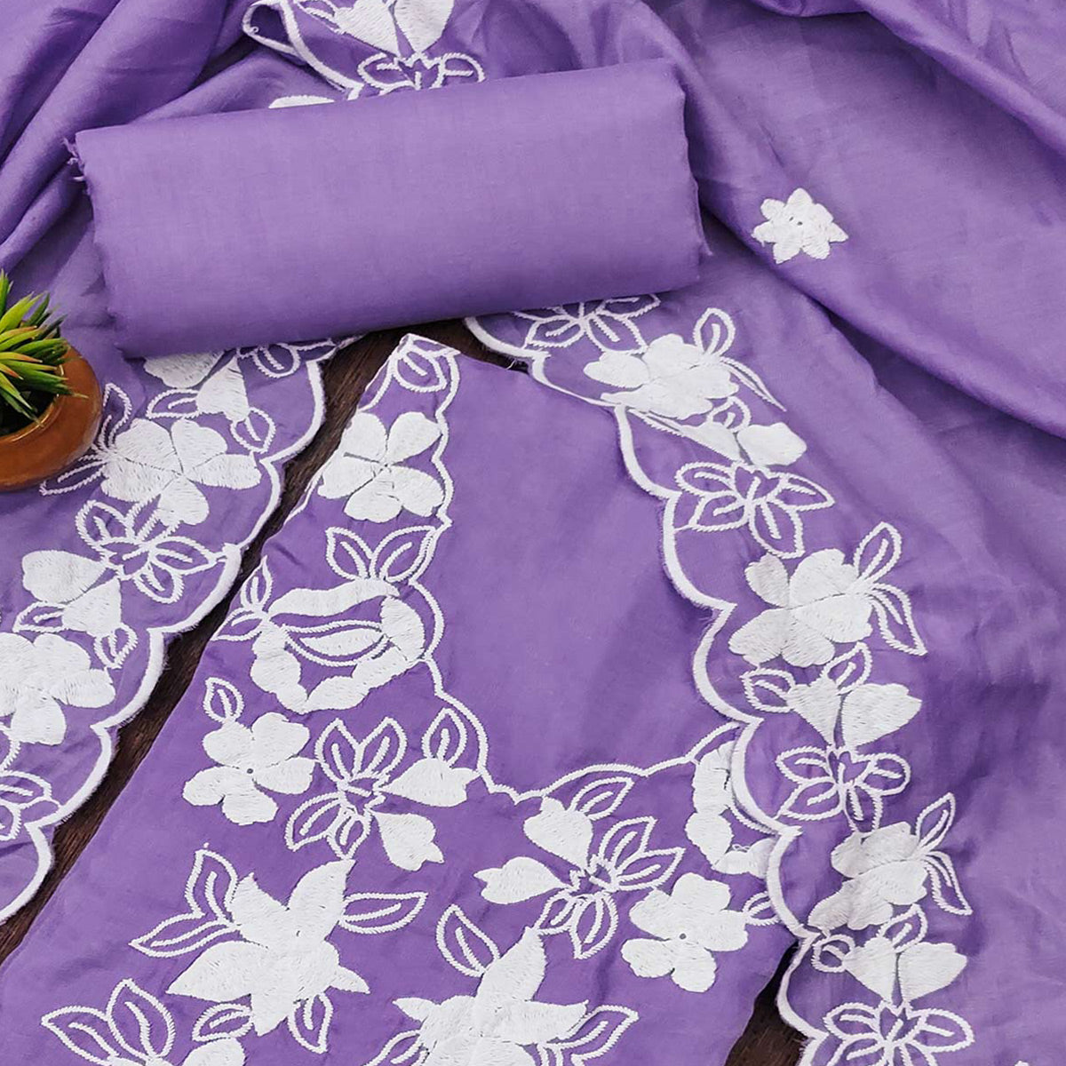 Peachmode Lavender Floral Embroidered Cotton Blend Dress Material - view 2