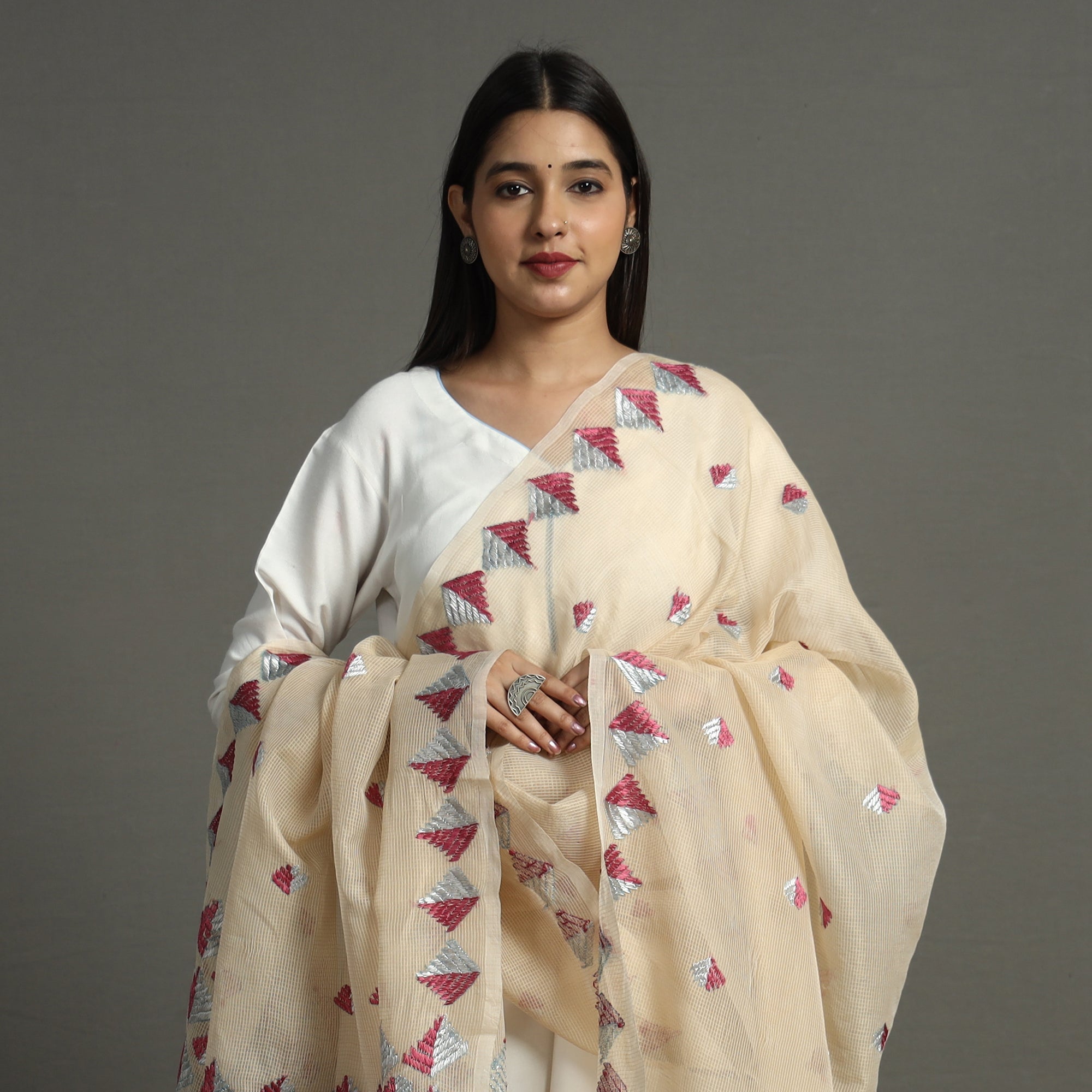ITOKRI CRAFTS INITIATIVE Beige - Phulkari Hand Embroidery Kota Doria Chanderi Silk Dupatta with Tassels 20 - view 3