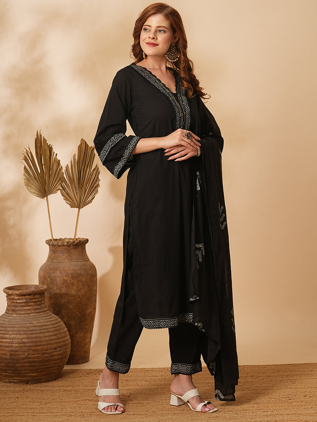 Fashor Solid Ethnic Printed & Embroidered Straight Kurta with Pant & Dupatta - Black - view 2