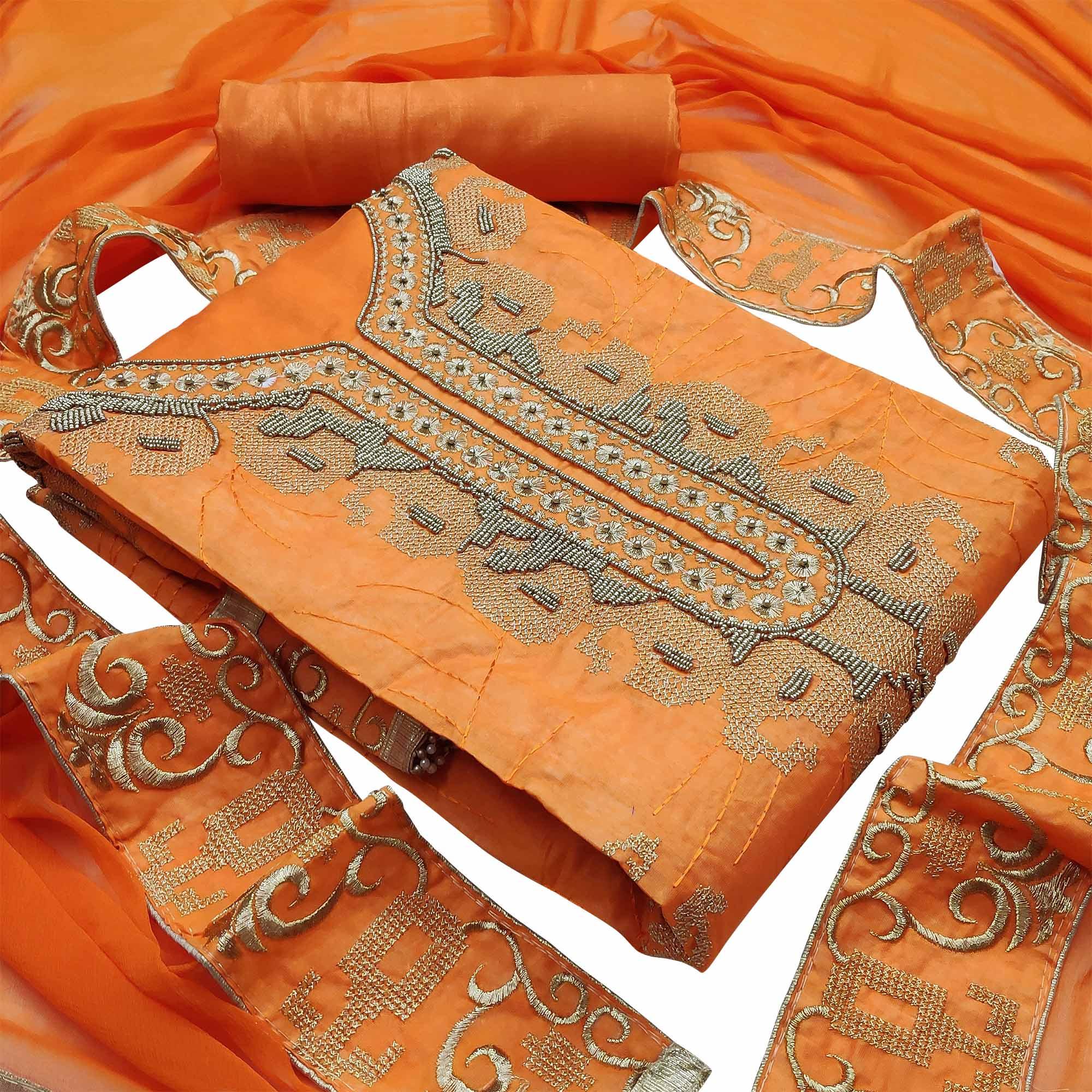 Peachmode Entrancing Orange Colored Casual Wear Embroidered Heavy Modal Silk Dress Material