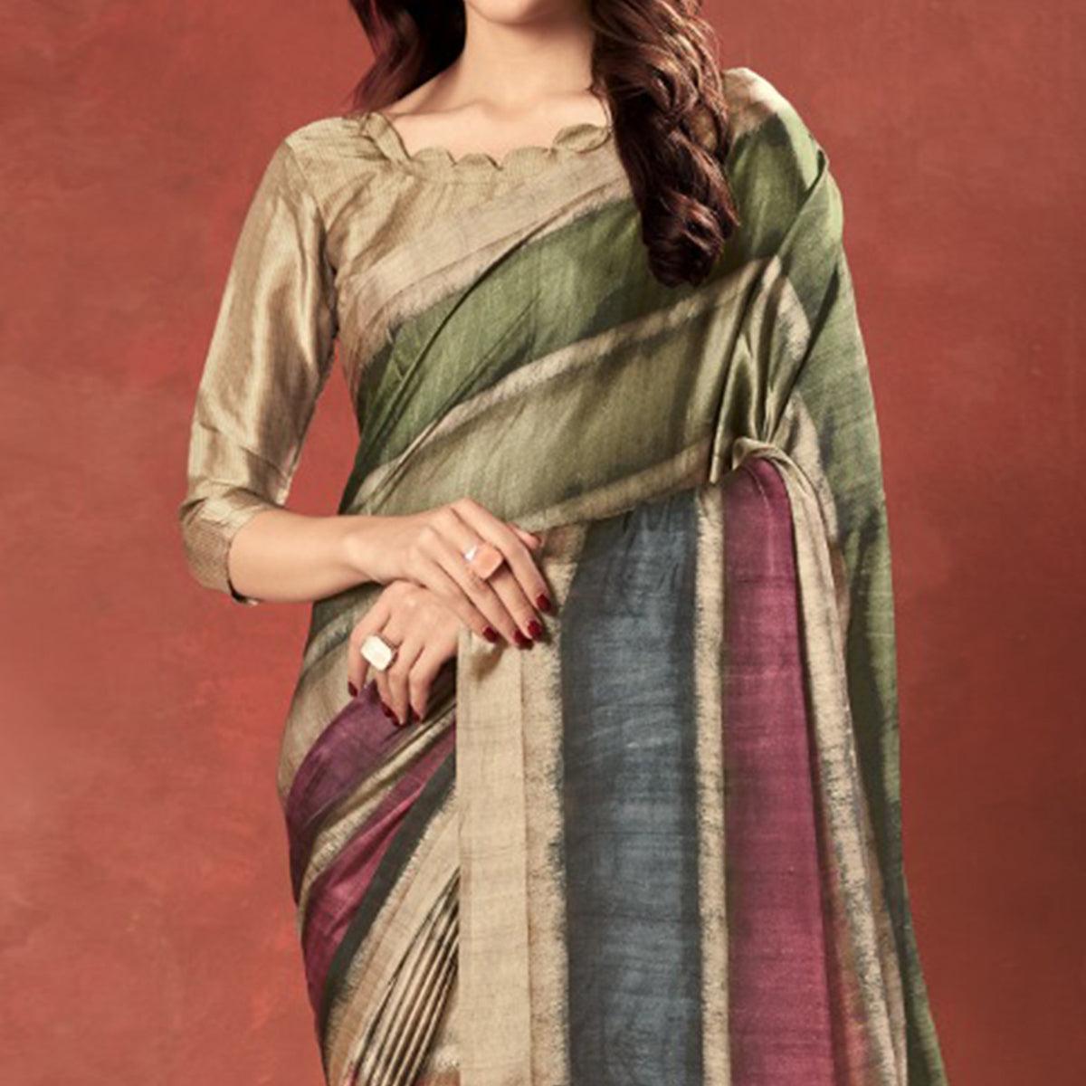 Peachmode Gleaming Multi Colored Casual Wear Printed Satin Crepe Saree With Tassels - view 2