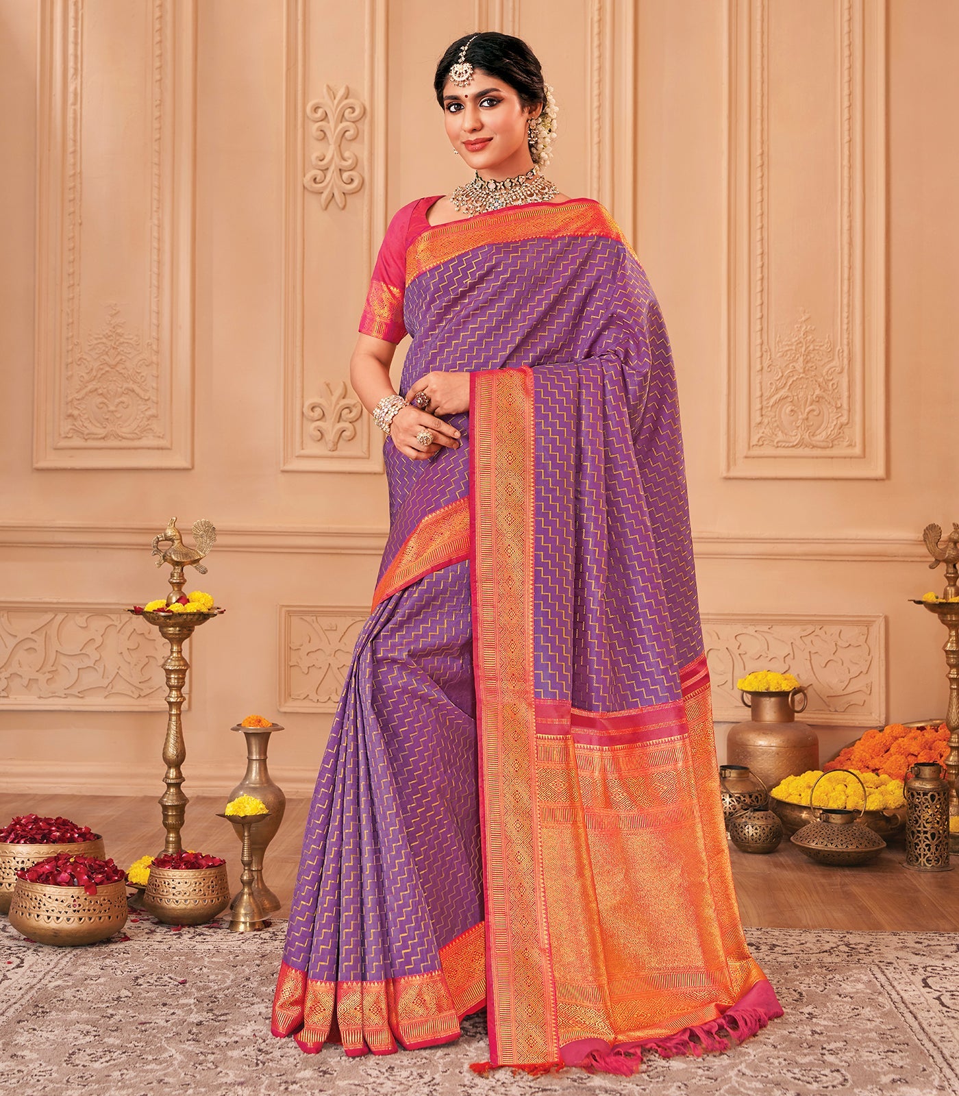 RmKV Silks Lavender & Pink Handloom Reversible Silk Saree With Chevron Steps