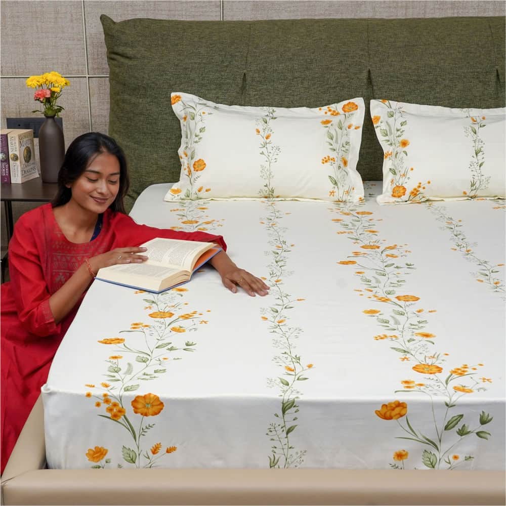 Urban Space -Home Furnishing Store Fitted King Size Cotton Bedsheet - Veil Bloom- Yellow