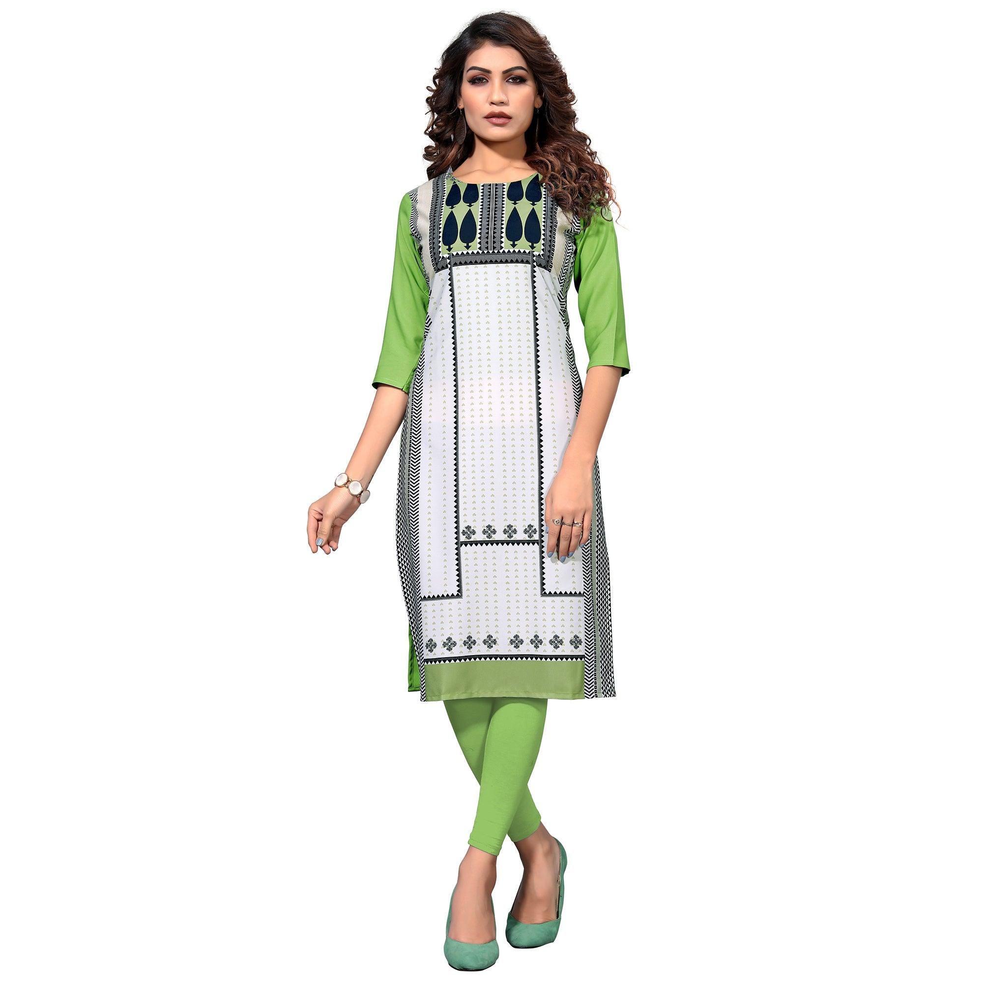 Peachmode Seller Demanding White-Pista Green Colored Casual Digital Printed Crepe Kurti