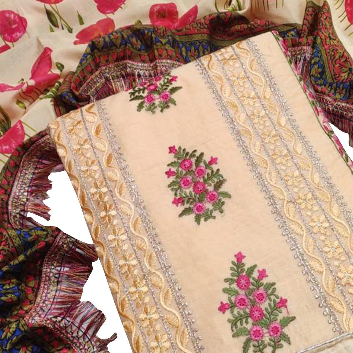 Peachmode Dazzling Light Yellow Colored Casual Wear Embroidered Chanderi Dress Material - view 2