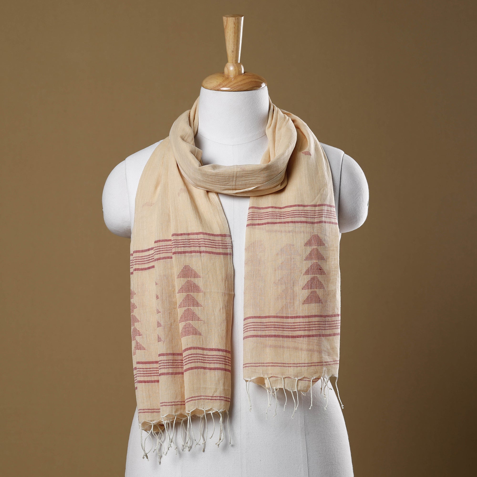 KHUSHBASH - HAPPY LOOM OF EAST Beige - Burdwan Jamdani Buti Handloom Cotton Stole with Tassels