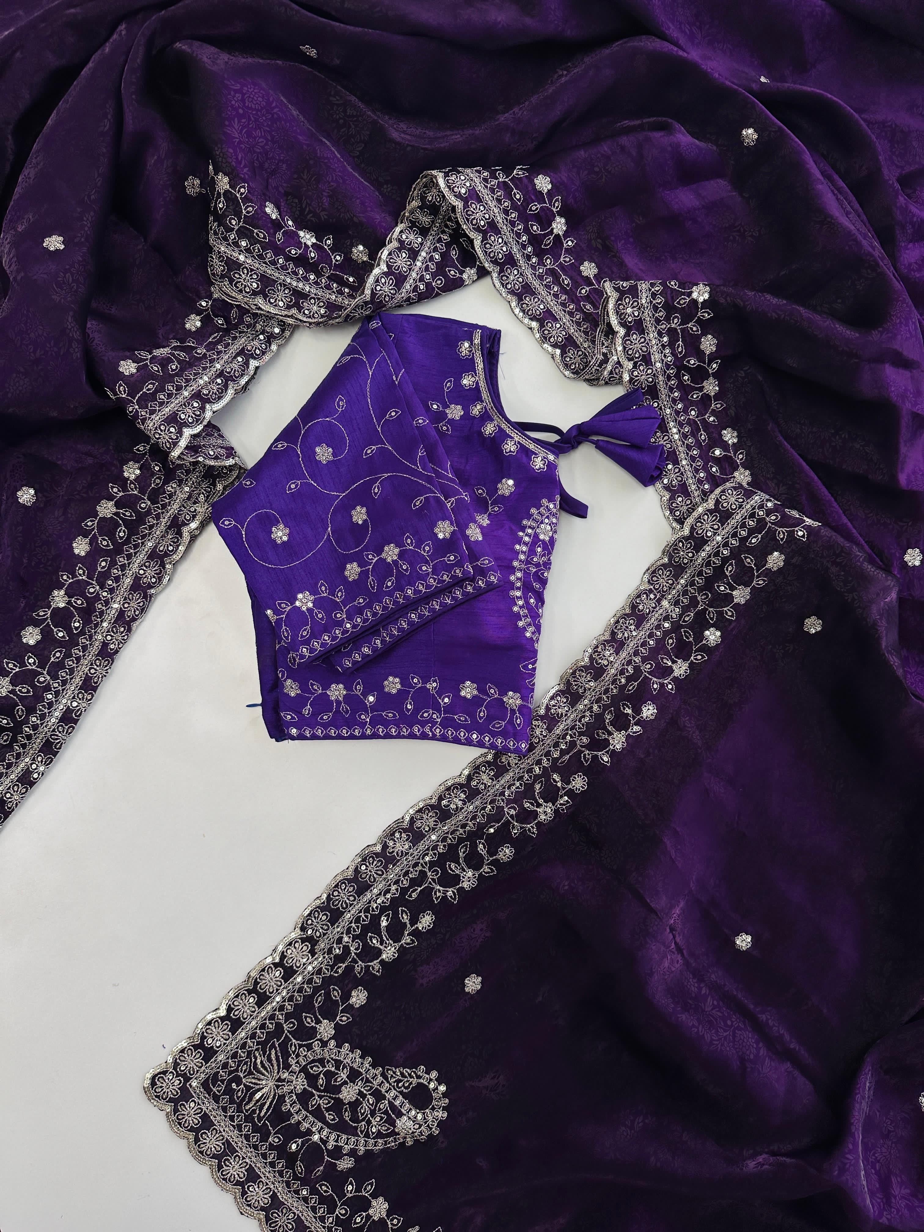 ClothsVilla Dark Purple Soft Silk Saree with Elegant Rubber Weaving & Heavy Embroidery Work - view 2
